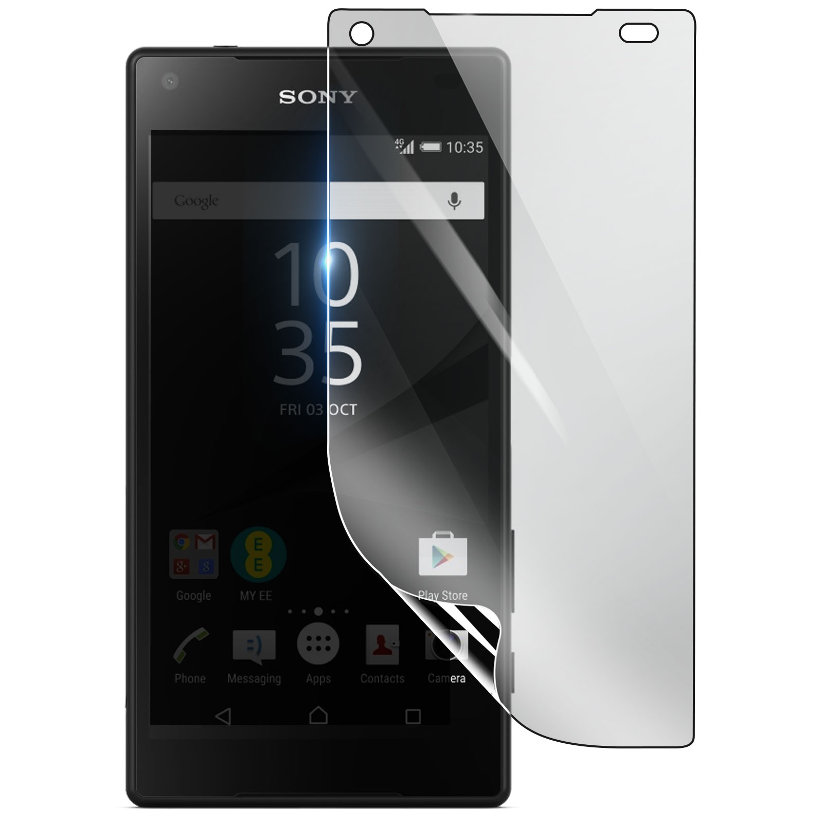 Un smartphone Sony negro con protector de pantalla. La pantalla muestra la hora y la fecha. El protector se despega.