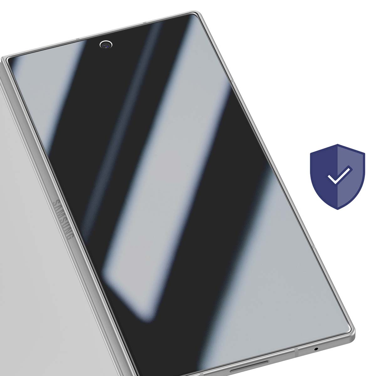 Een zilveren Samsung-telefoon wordt schuin weergegeven, het scherm reflecteert licht. Een schildpictogram met een vinkje staat rechts.