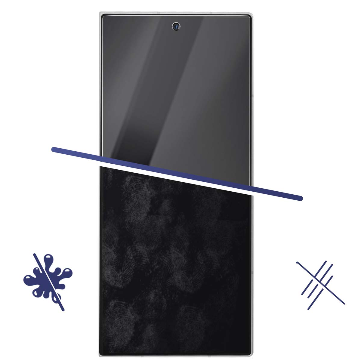 Een telefoonscherm met vingerafdrukken. Een blauwe lijn kruist het scherm, vergezeld van anti-veeg- en anti-kras symbolen.
