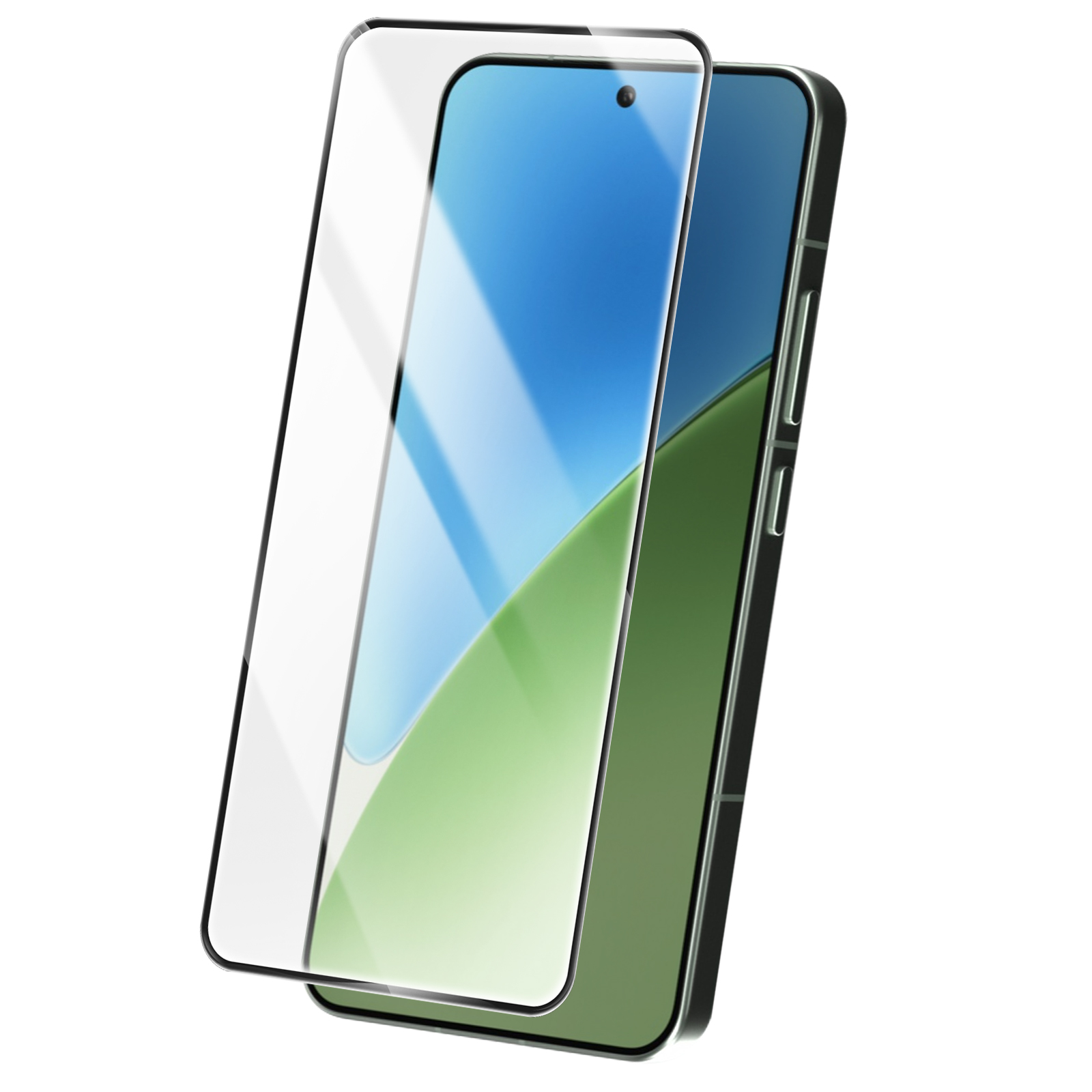 Uno smartphone con una protezione per lo schermo. Il telefono è verde con schermo blu e verde. La protezione è trasparente.