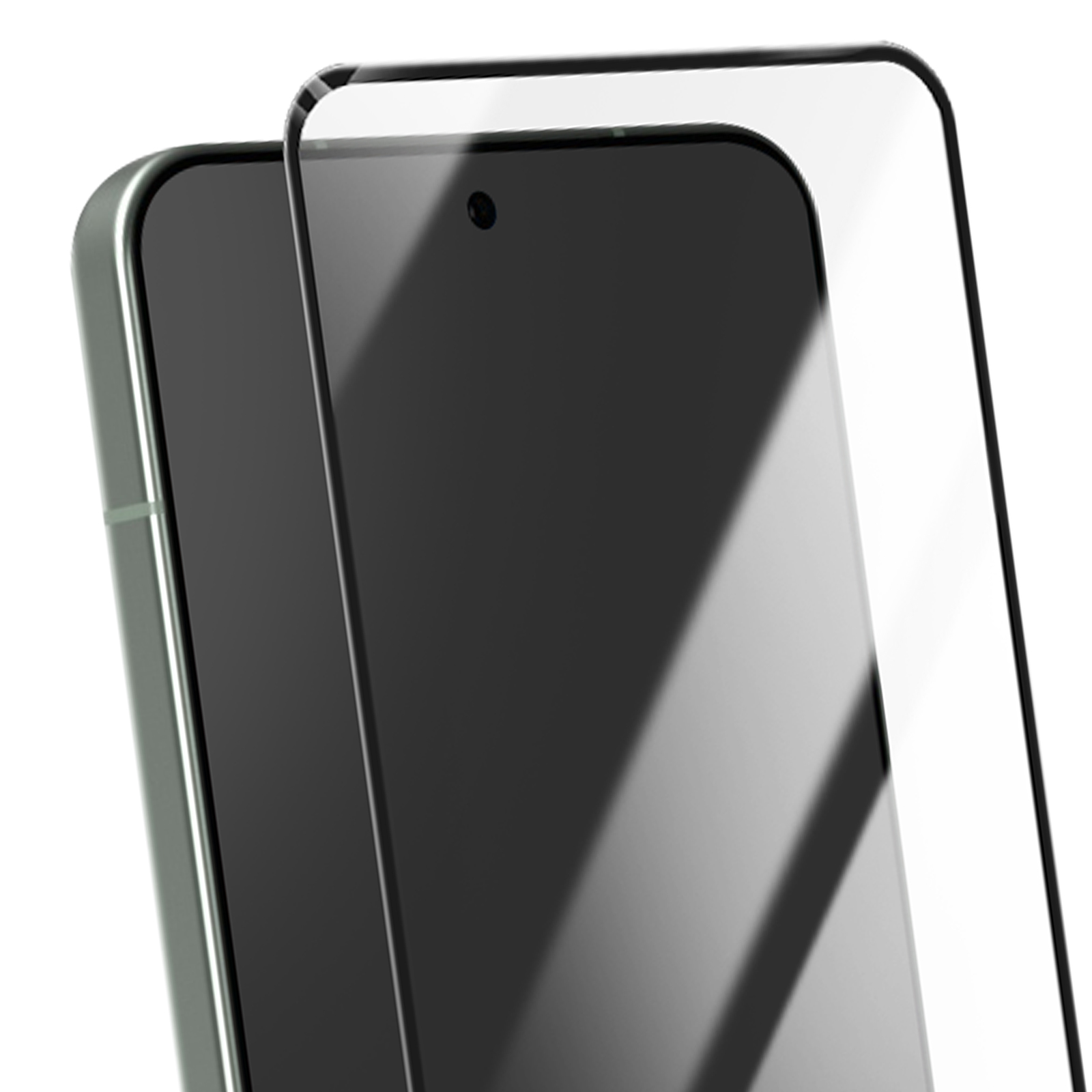 Primo piano di uno smartphone con protezione schermo applicata. Il telefono è verde con schermo nero. La protezione è trasparente.