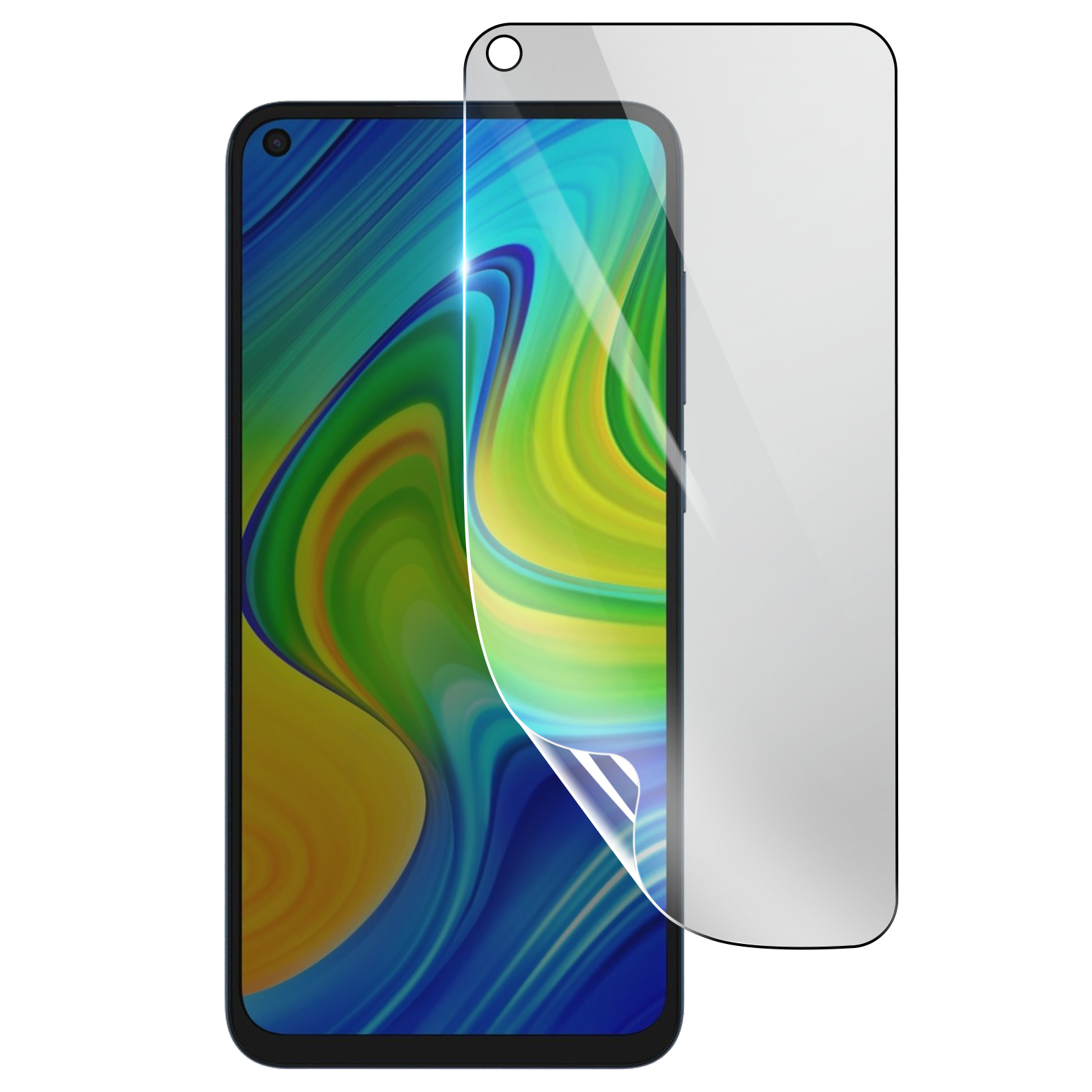 Uno smartphone con una protezione per lo schermo applicata. Il telefono ha un display colorato. La protezione è trasparente.