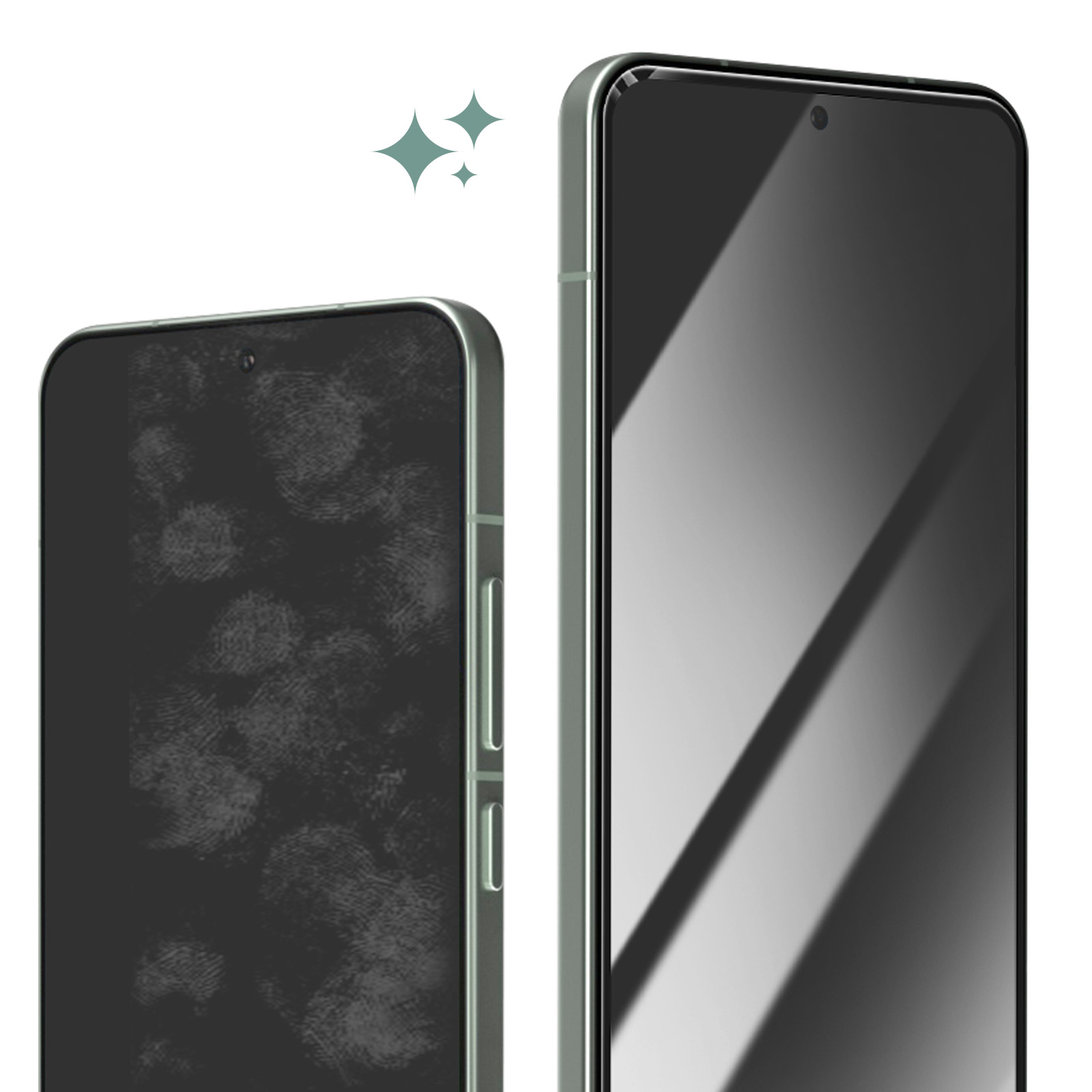 Due smartphone uno accanto all'altro. Lo schermo del telefono a sinistra ha impronte digitali; quello a destra è pulito e riflettente.