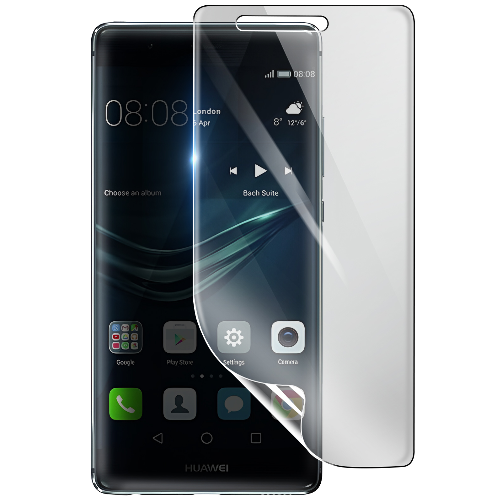 Un smartphone muestra la hora, la fecha, el clima e iconos de aplicaciones. Un protector de pantalla está parcialmente despegado.
