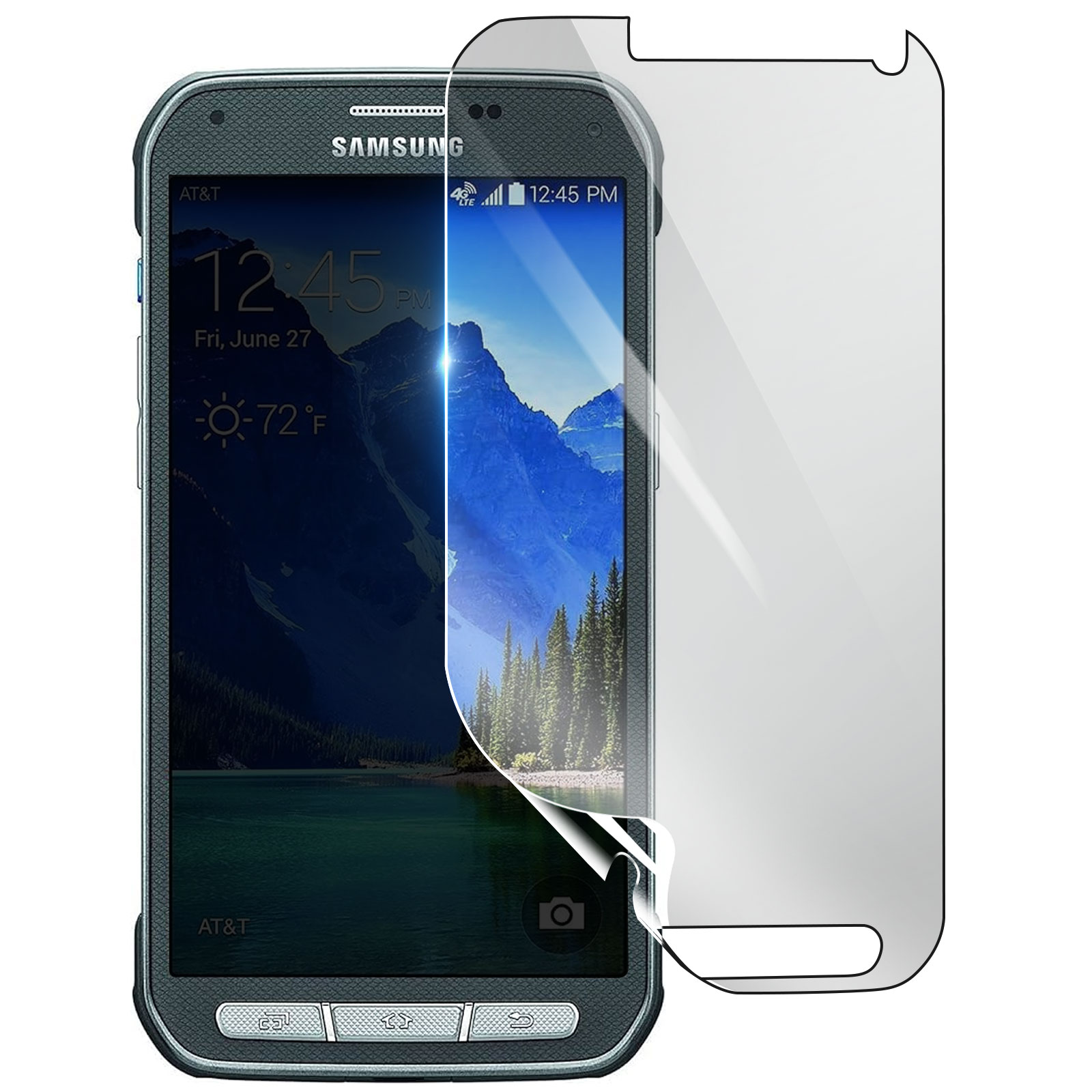 Telefono Samsung con protezione schermo che mostra un paesaggio montano. Data e ora visibili.