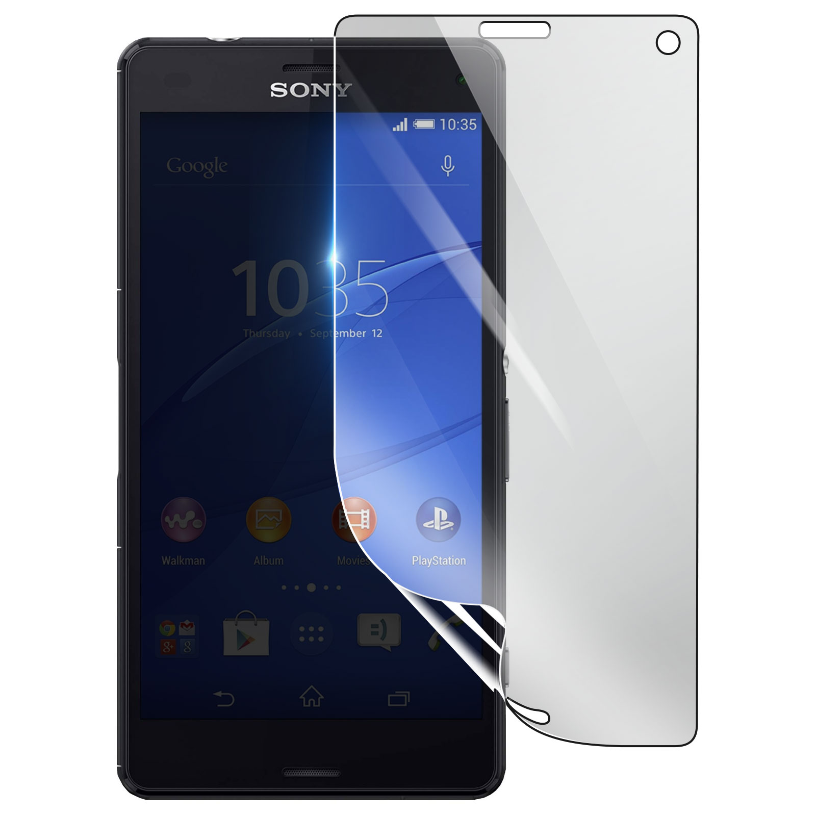 Uno smartphone Sony con una protezione per lo schermo in fase di rimozione. Lo schermo mostra l'ora e le icone delle app.