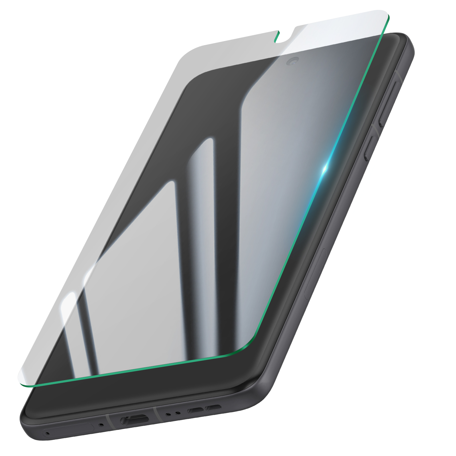 Uno smartphone nero con una protezione per lo schermo applicata. La protezione è trasparente con un contorno verde. Lo sfondo è bianco.
