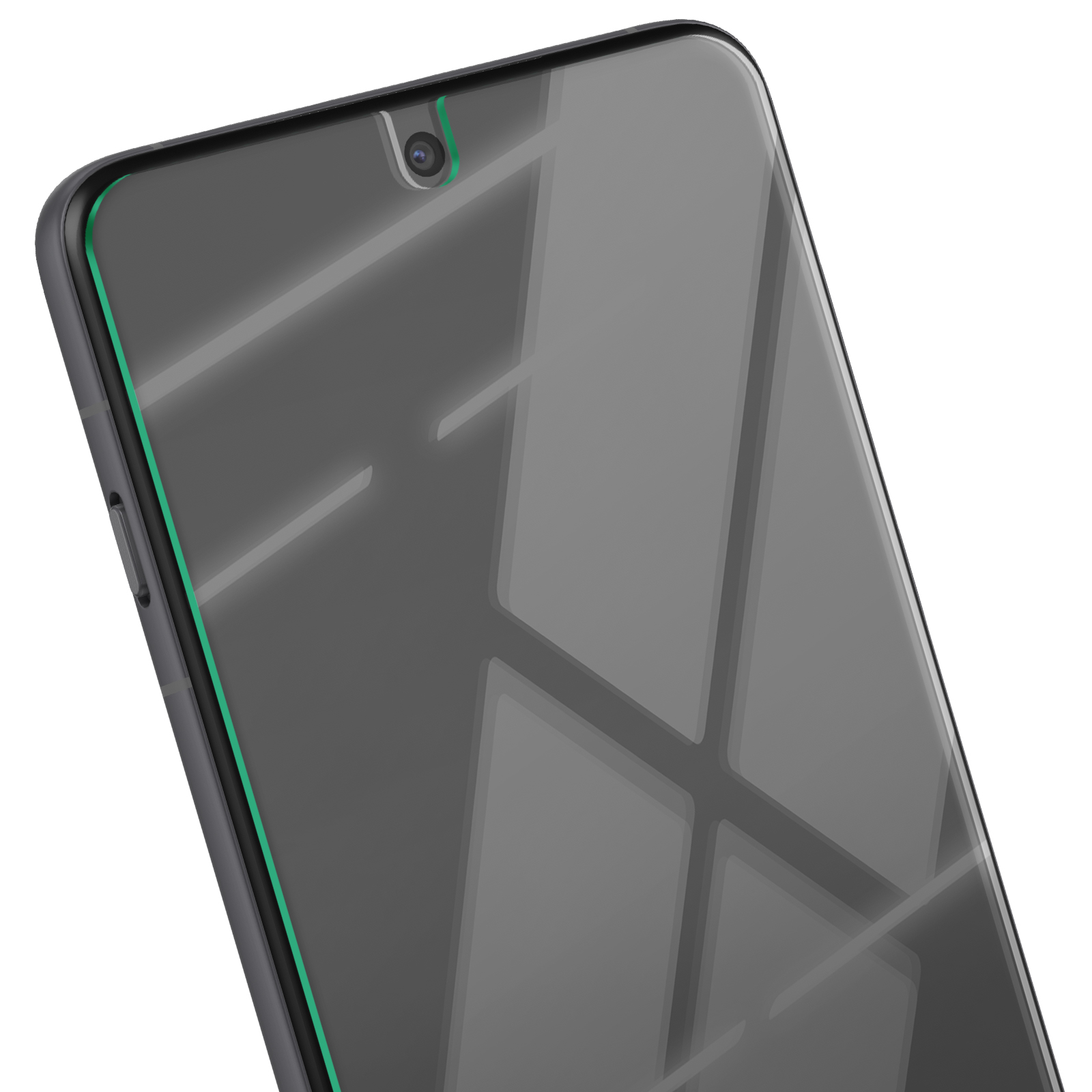 Primo piano di uno smartphone. Lo schermo è grigio e c'è una fotocamera in alto. Una linea verde incornicia il telefono.