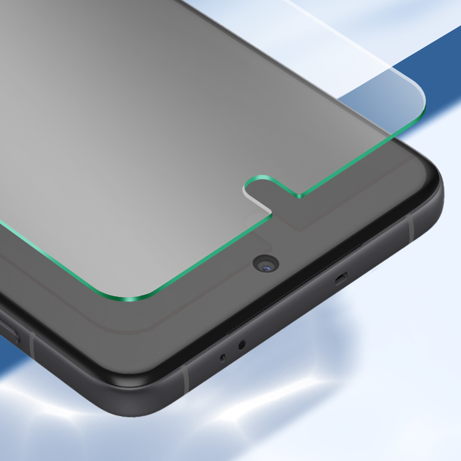 Uno smartphone con una protezione per lo schermo applicata. La protezione ha un bordo verde. Il telefono è nero.