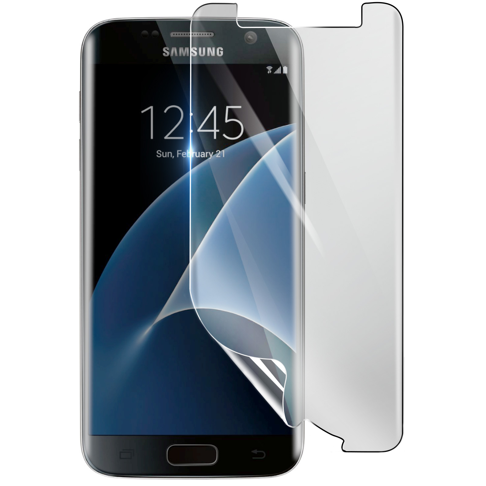 Smartphone Samsung con protezione schermo. Telefono mostra 12:45, dom 21 feb. Protezione parzialmente staccata.
