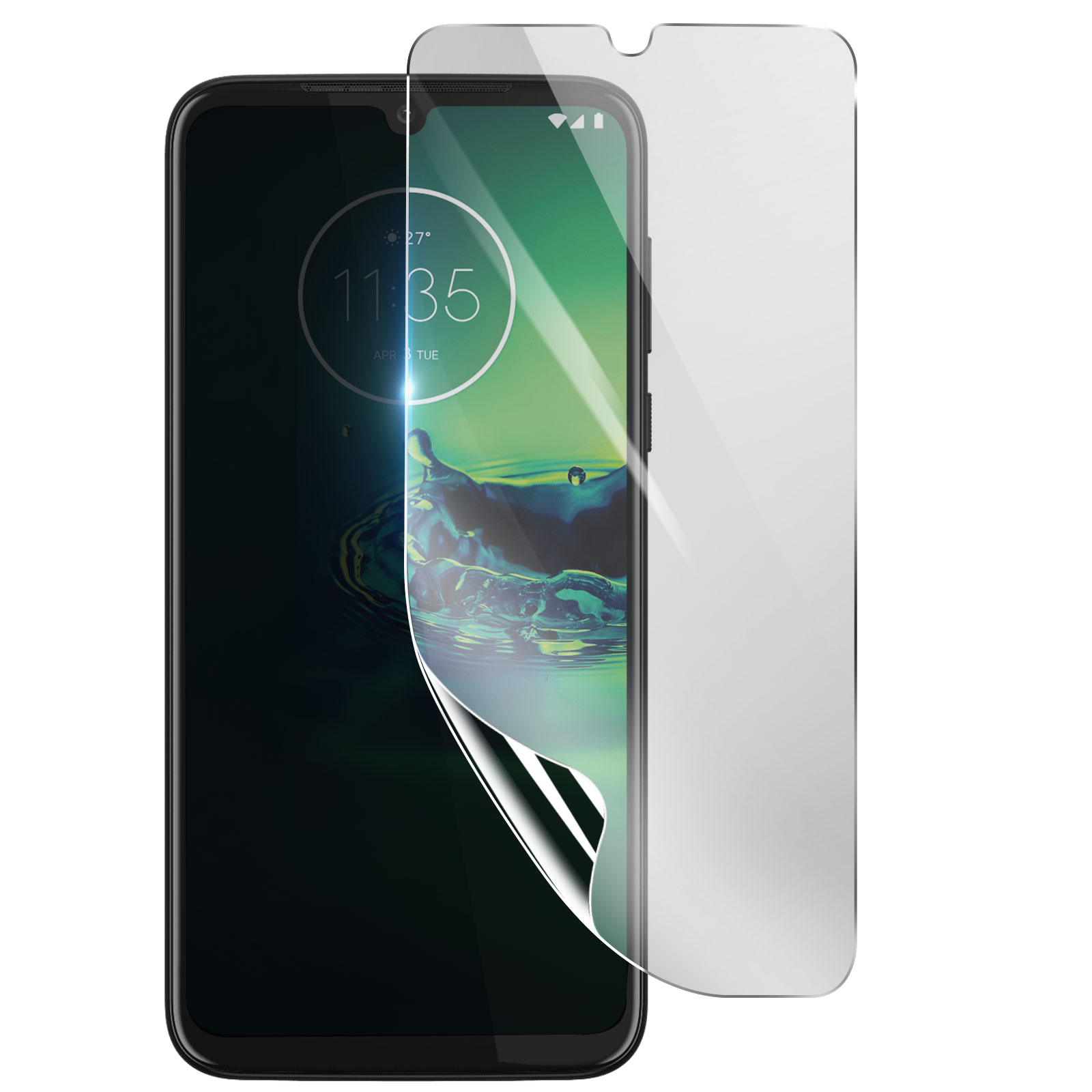 Smartphone con protezione schermo. Il telefono mostra ora e data. La protezione è parzialmente staccata.