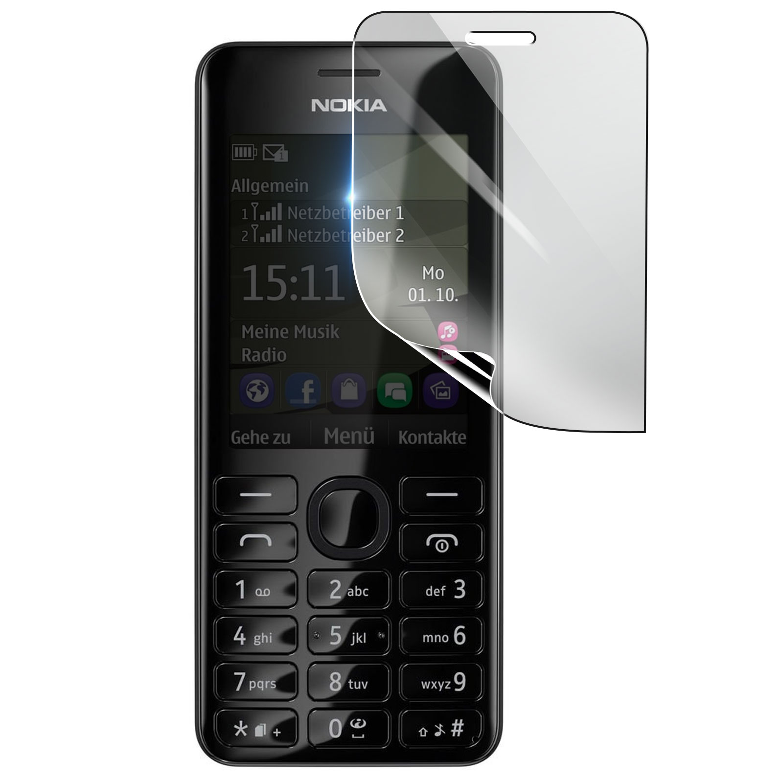 Un telefono Nokia nero con protezione schermo su sfondo bianco. Lo schermo mostra l'ora e le opzioni del menu.