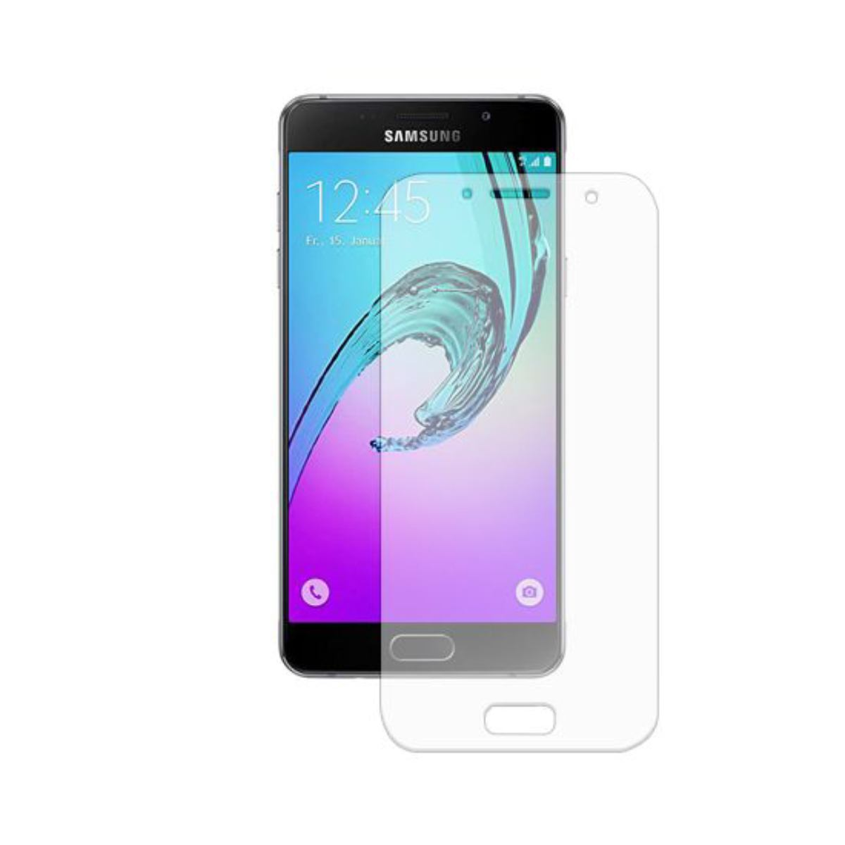 Uno smartphone Samsung nero con una protezione per lo schermo. Lo schermo mostra l'ora 12:45. La protezione è trasparente.
