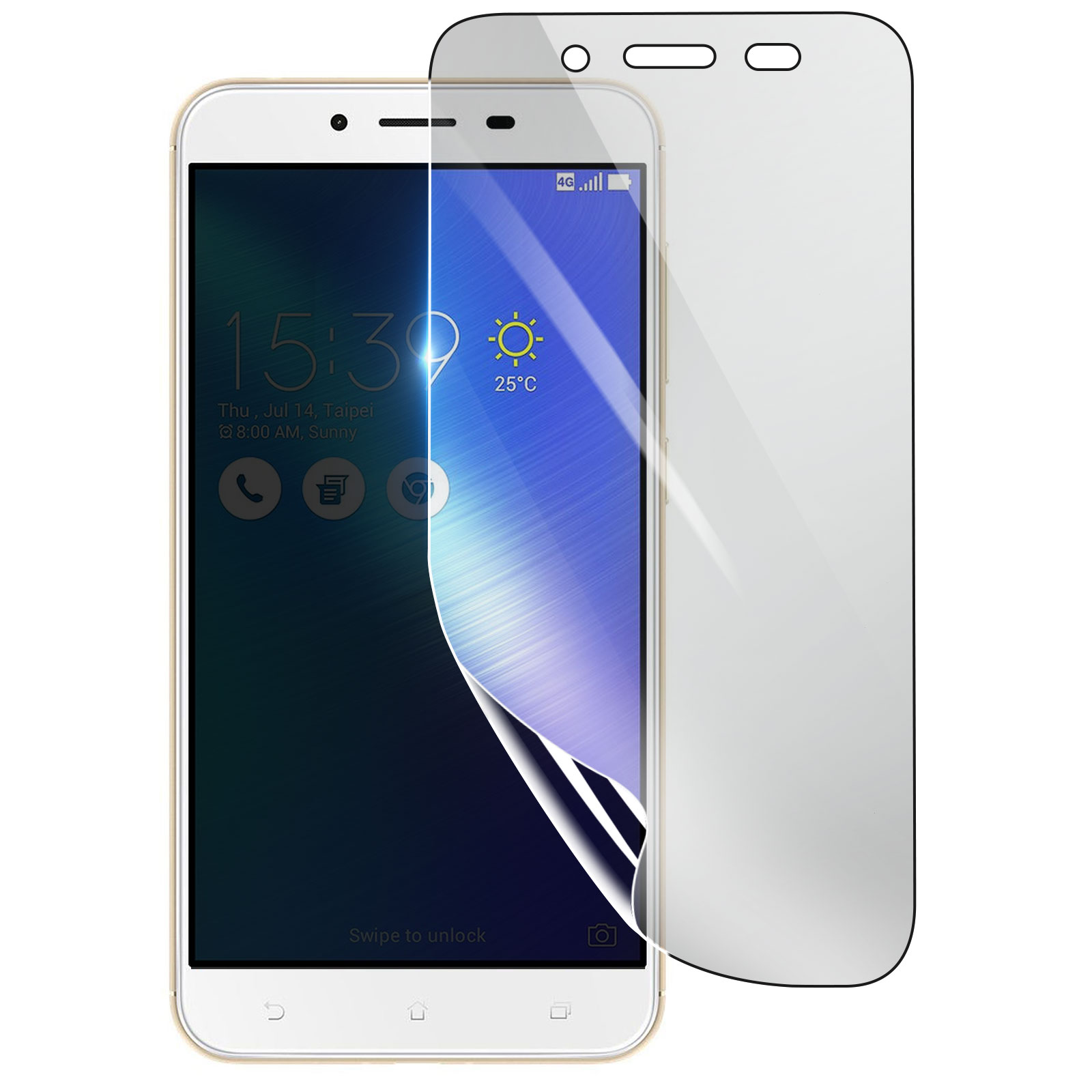Un smartphone con protector de pantalla. La pantalla muestra la hora, la fecha y la información meteorológica. Se despega una película protectora.