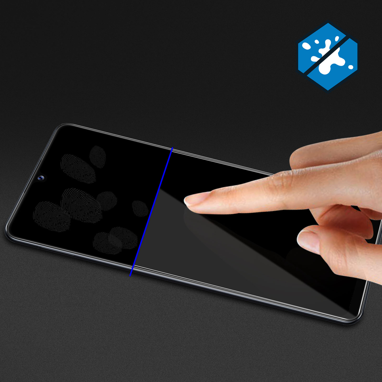 Una mano tocca lo schermo del telefono. Impronte digitali a sinistra, destra pulita. Linea blu divide lo schermo.