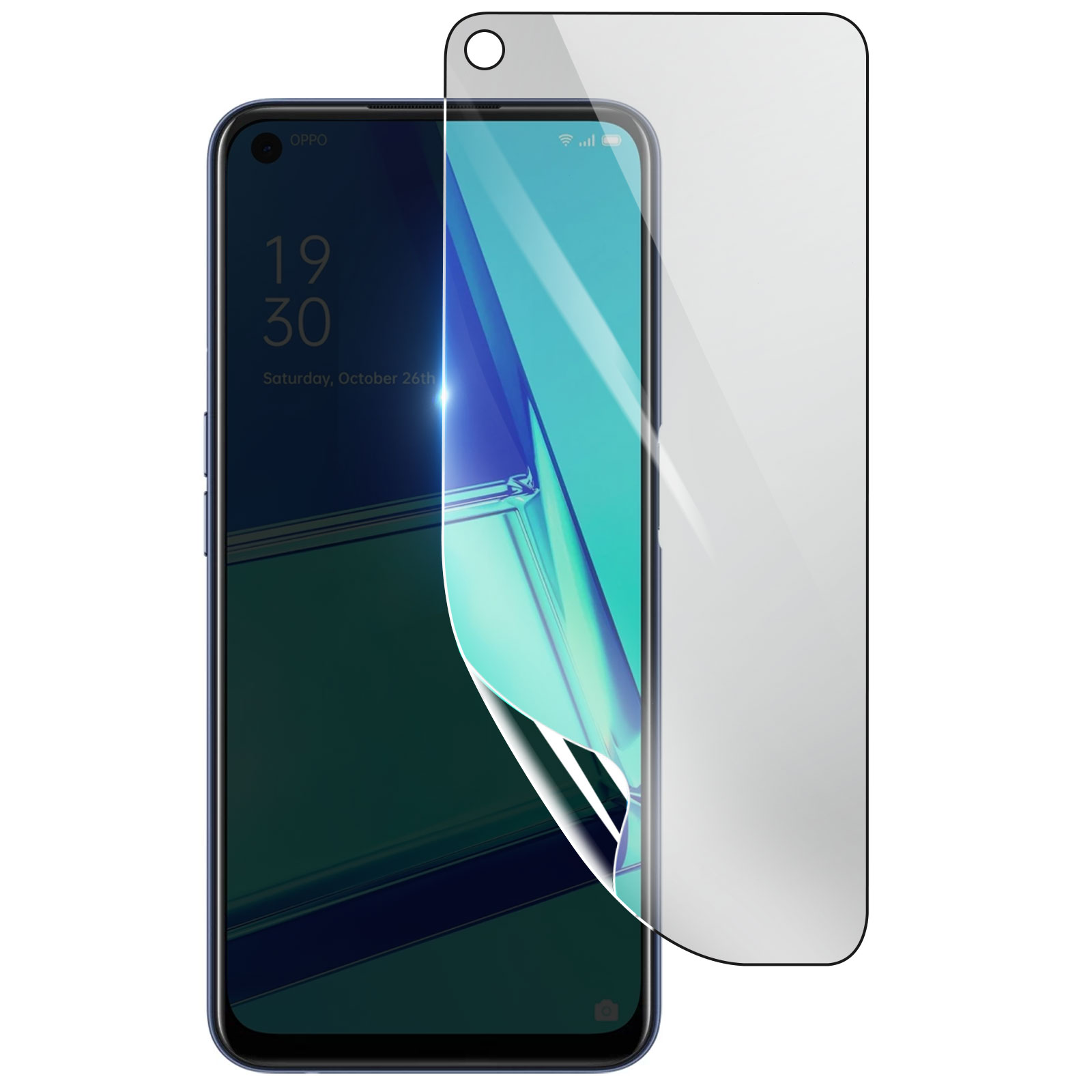 Smartphone con protezione schermo applicata. Lo schermo mostra ora e data. La protezione si sta staccando.