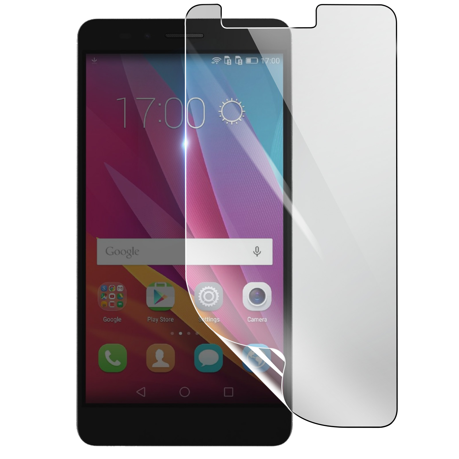 Smartphone con protezione schermo applicata, mostra le 17:00. Icone di Google, Play Store, Impostazioni e Fotocamera.