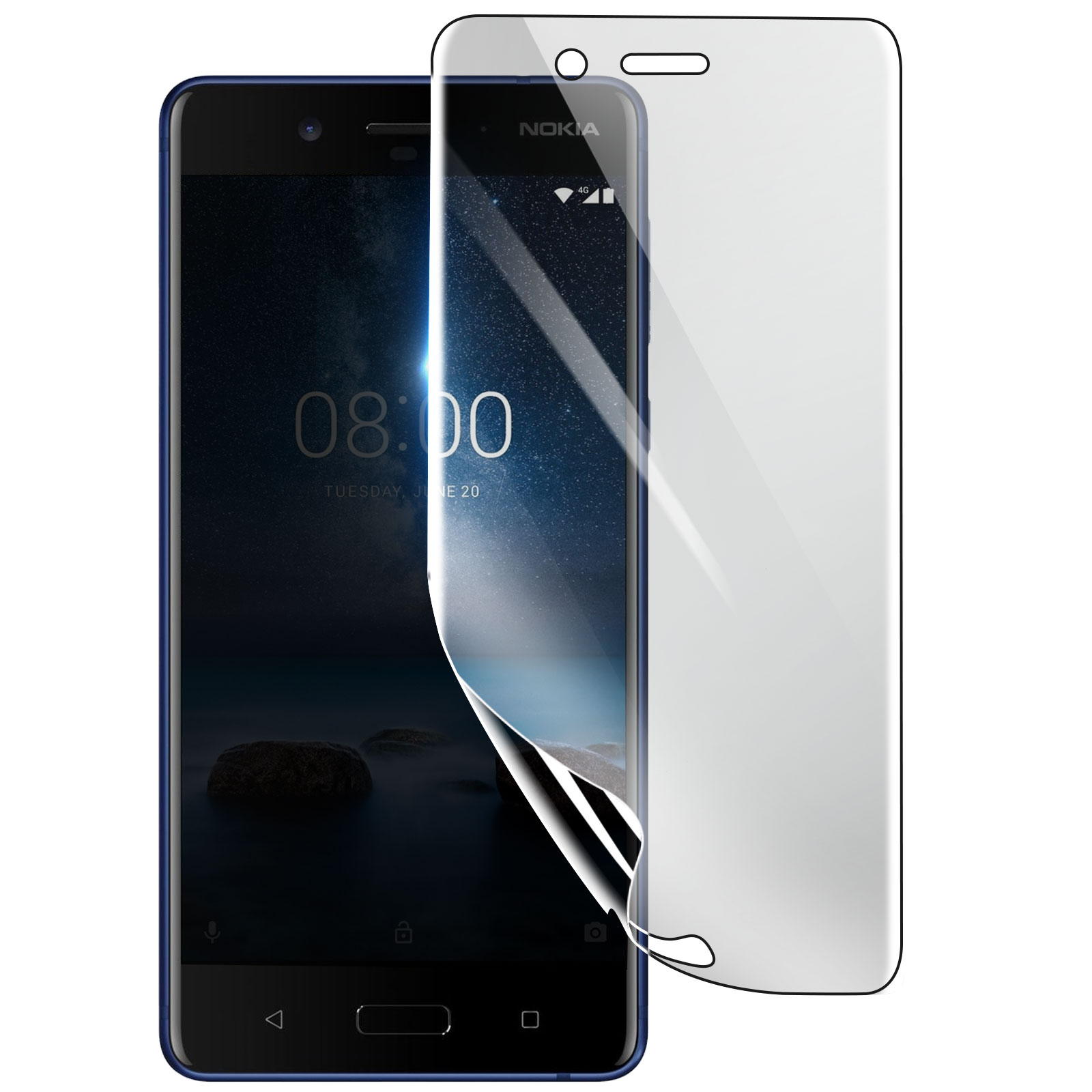 Uno smartphone Nokia con una protezione per lo schermo che viene rimossa. Lo schermo mostra l'ora e un cielo notturno. Sfondo bianco.