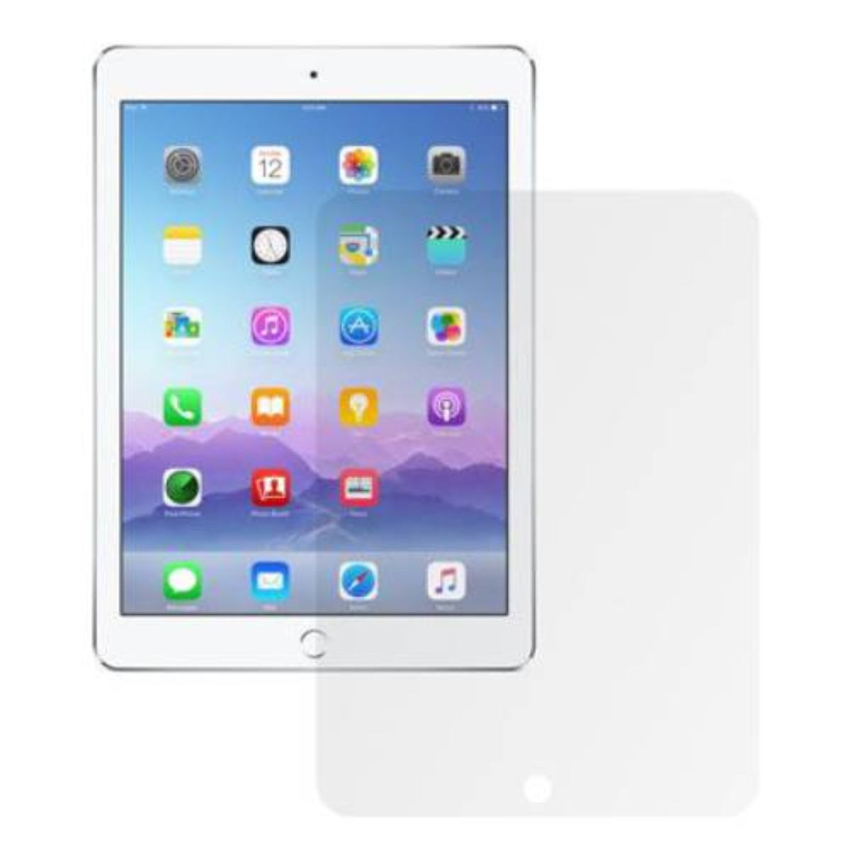 Un iPad bianco mostra icone di app. Un proteggi schermo è posto accanto. Lo schermo mostra un orologio e varie icone di app.
