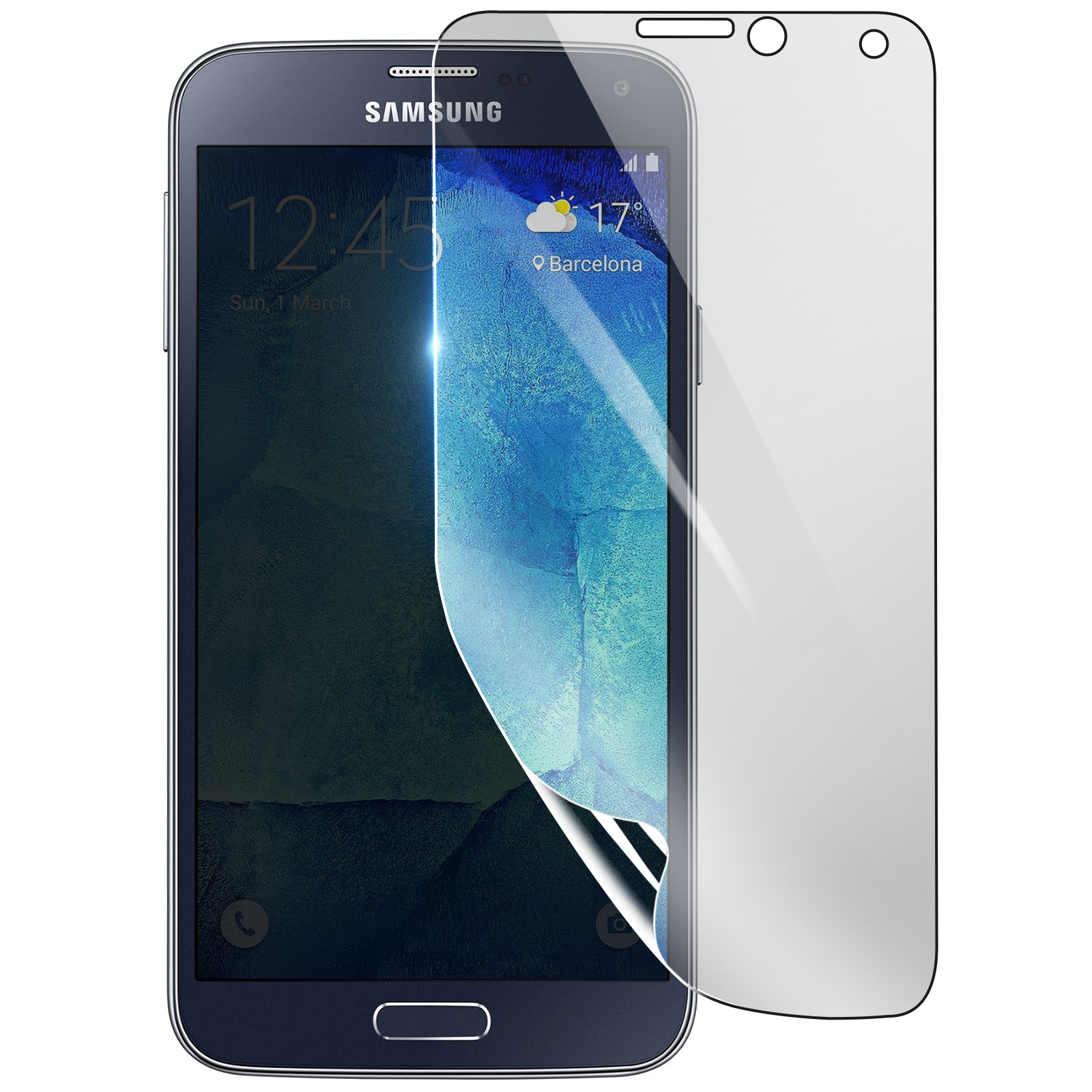 Un telefono Samsung con una protezione per lo schermo applicata. Lo schermo mostra l'ora, il meteo a Barcellona e la protezione parzialmente staccata.
