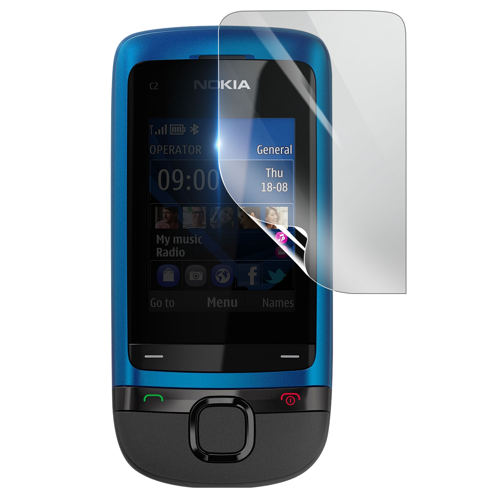 Un telefono Nokia C2 blu con protezione schermo. Lo schermo mostra ora, data e icone. Una protezione trasparente è parzialmente staccata.