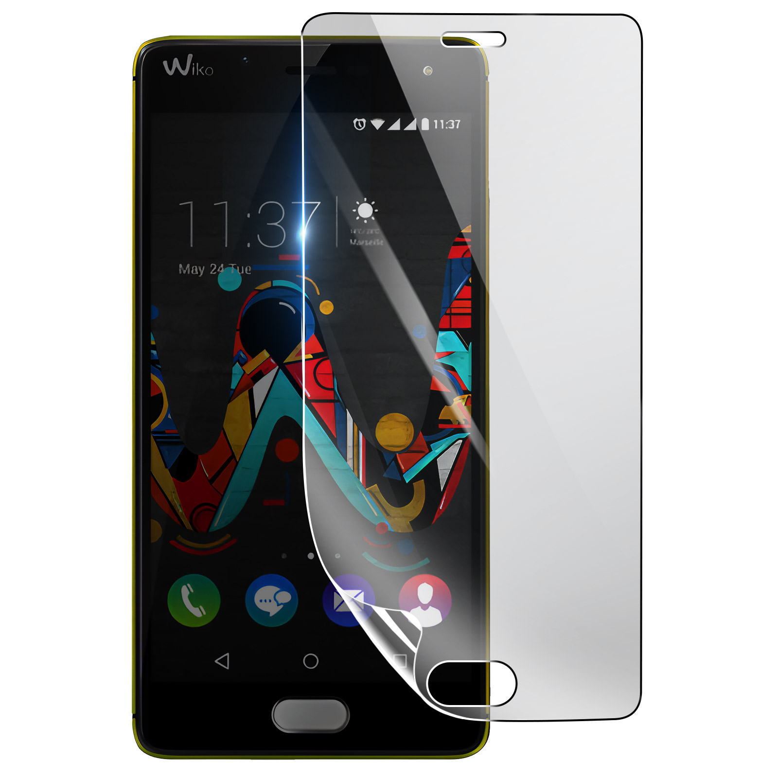 Uno smartphone con una protezione per lo schermo applicata. Lo schermo mostra l'ora e arte astratta colorata. La protezione è parzialmente staccata.
