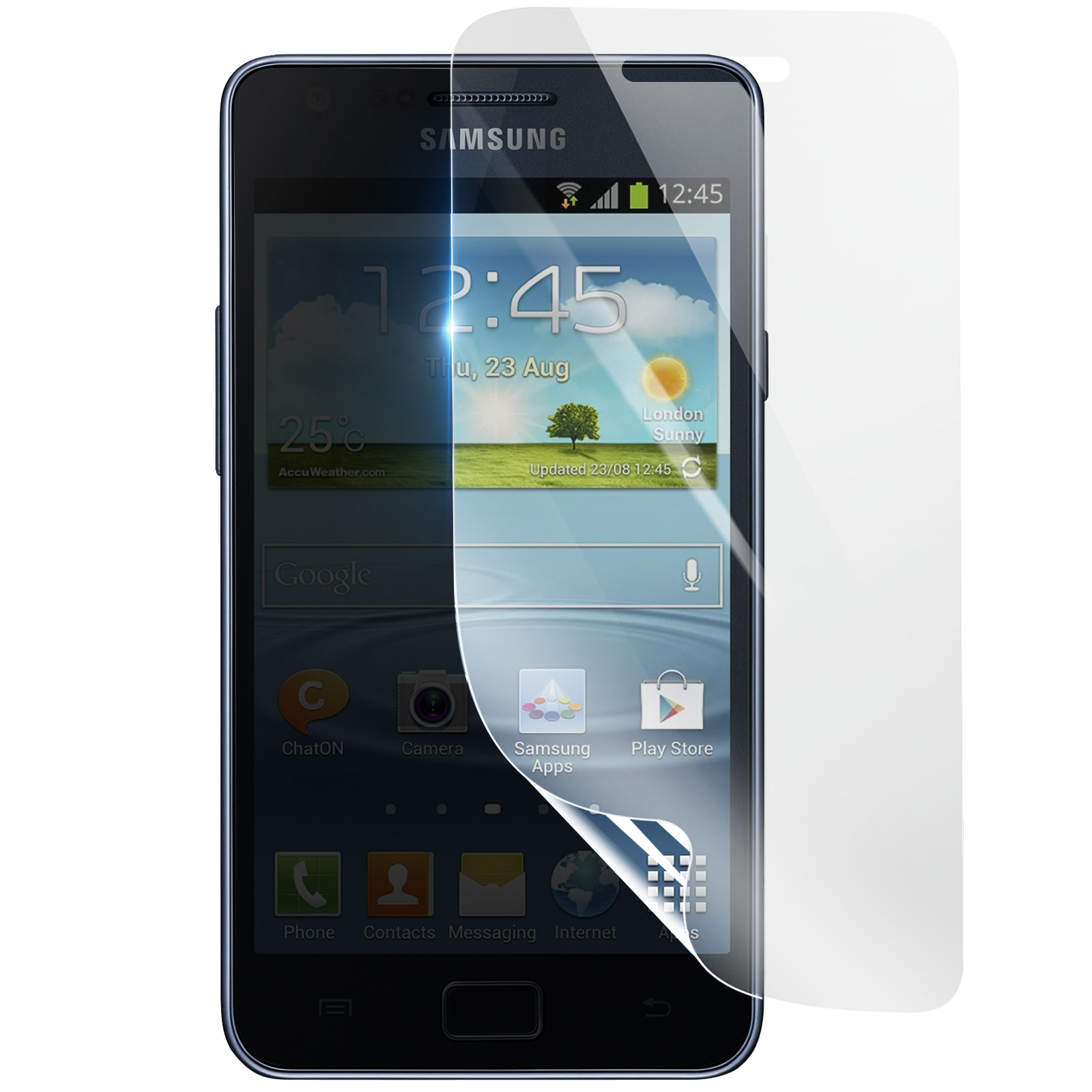 Uno smartphone Samsung con protezione schermo applicata. Lo schermo mostra ora, meteo e icone delle app.