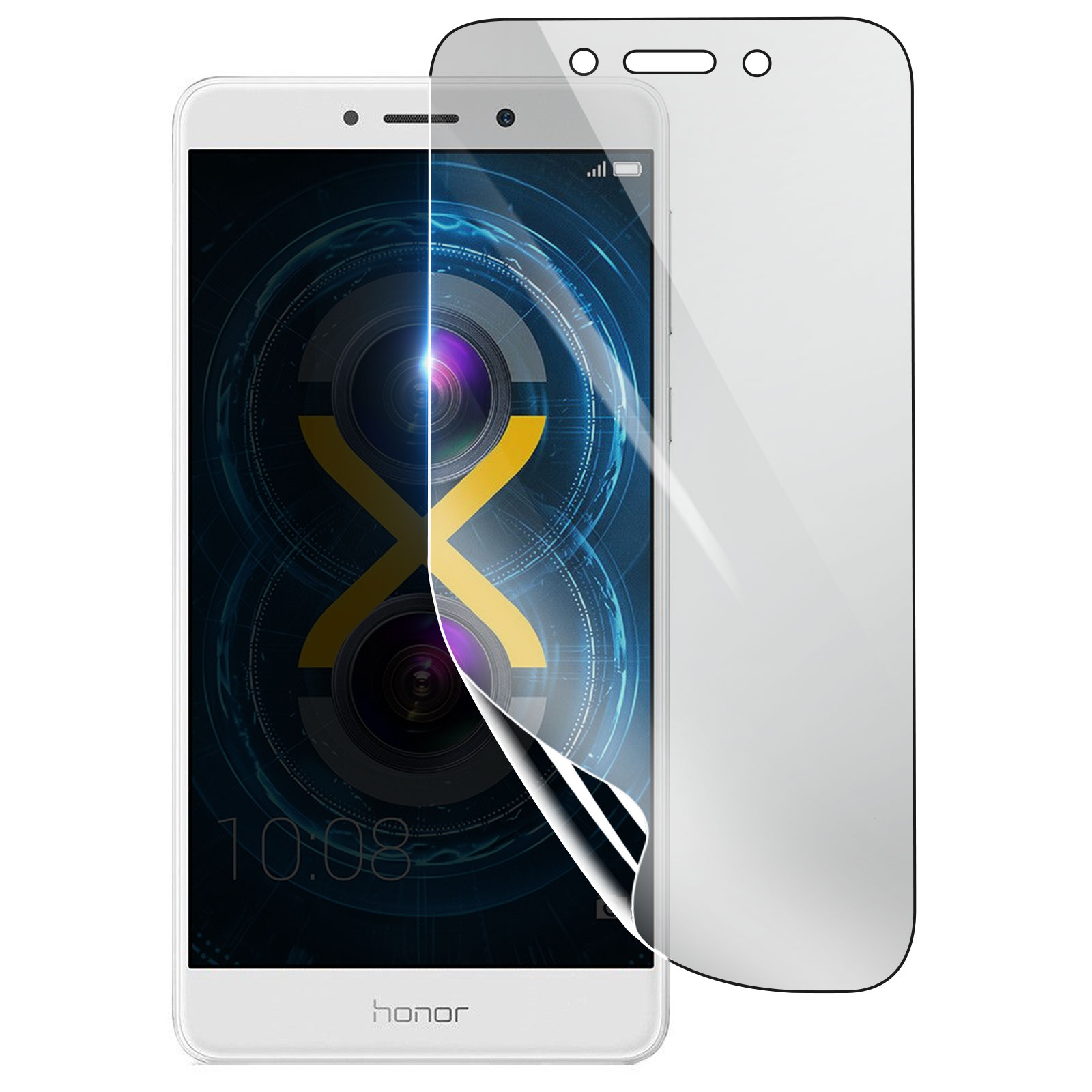 Smartphone bianco con protezione schermo. Lo schermo mostra sfondo digitale con 'X' giallo e ora. Logo Honor in basso.