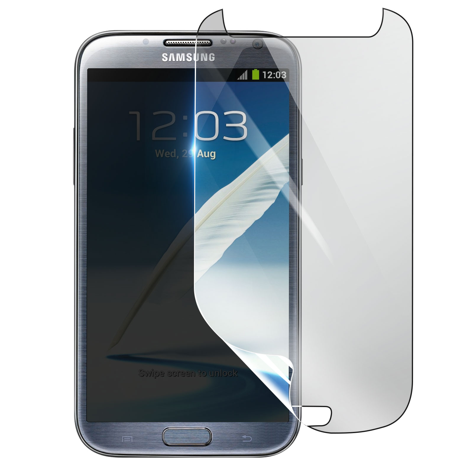 Un telefono Samsung con una protezione per lo schermo in fase di applicazione. Lo schermo mostra l'ora e la data. La protezione è parzialmente rimossa.