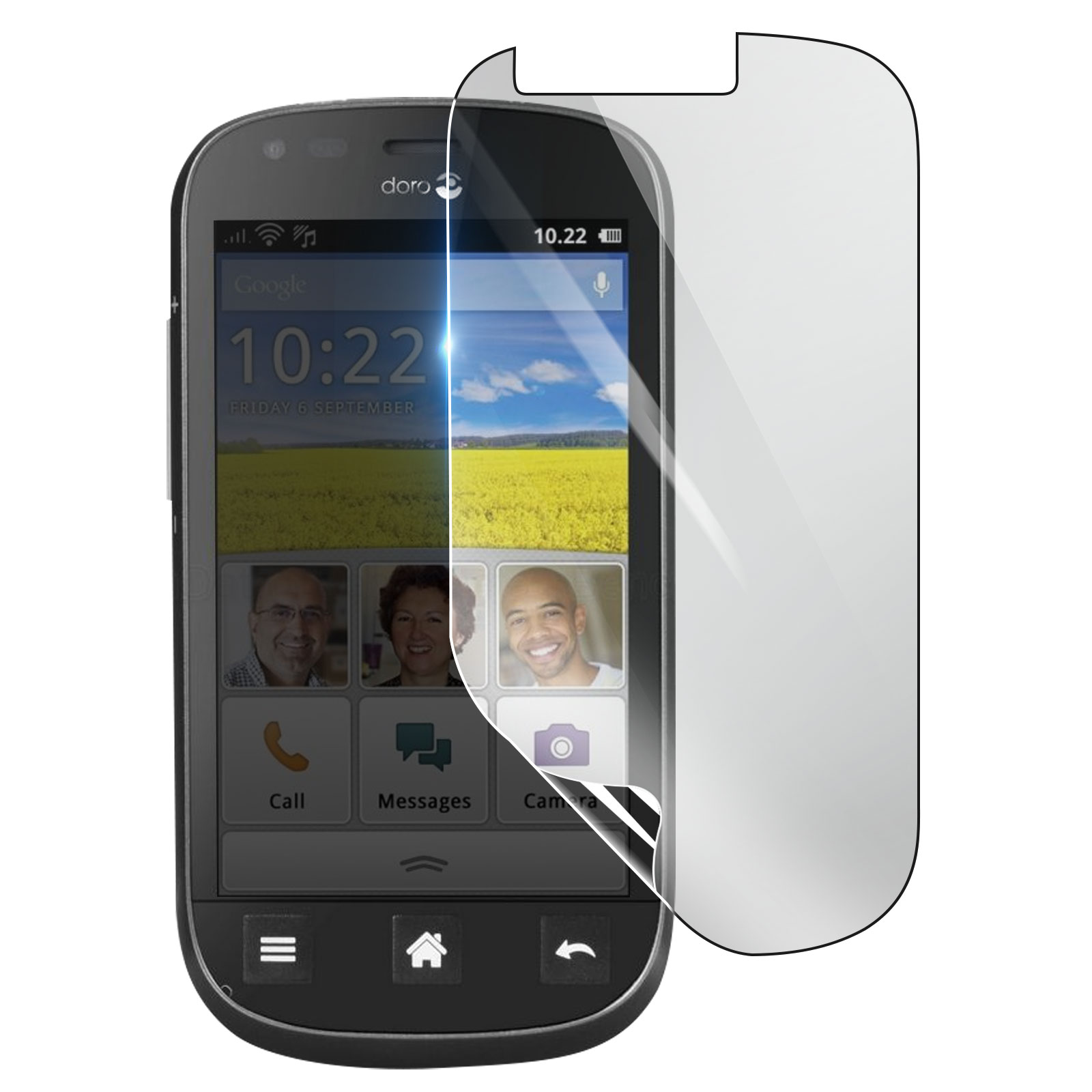 Uno smartphone Doro nero con protezione schermo. Lo schermo mostra un paesaggio con un campo e l'ora.