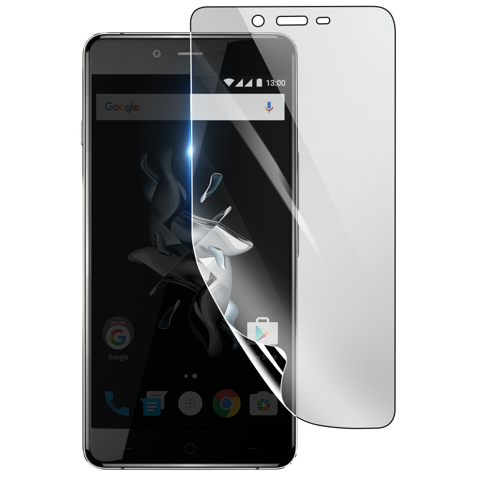 Uno smartphone nero con protezione schermo. Lo schermo mostra la barra di ricerca di Google e le icone delle app. La protezione è trasparente.