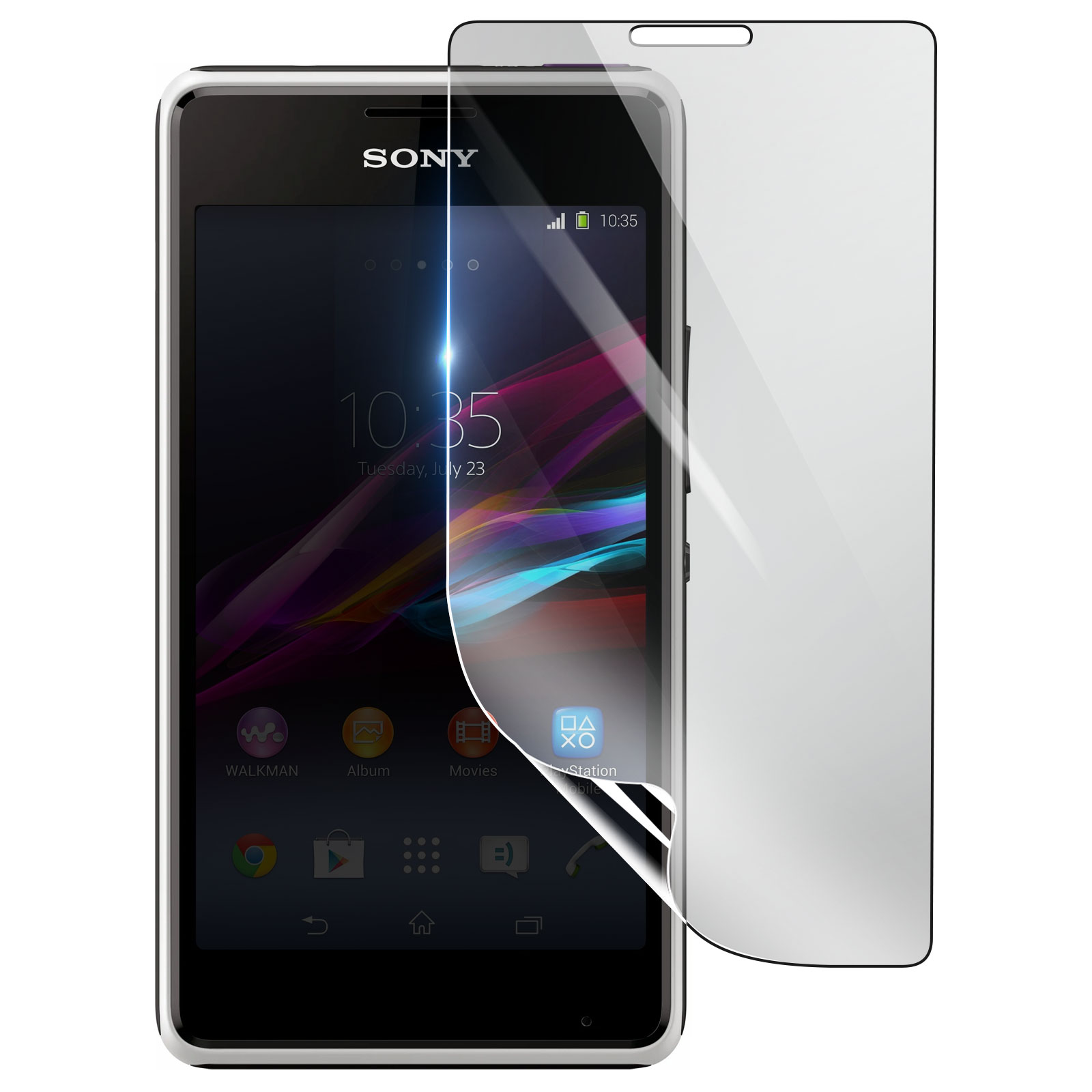 Uno smartphone Sony con una protezione schermo applicata. Lo schermo mostra l'ora, le app e il logo Sony.