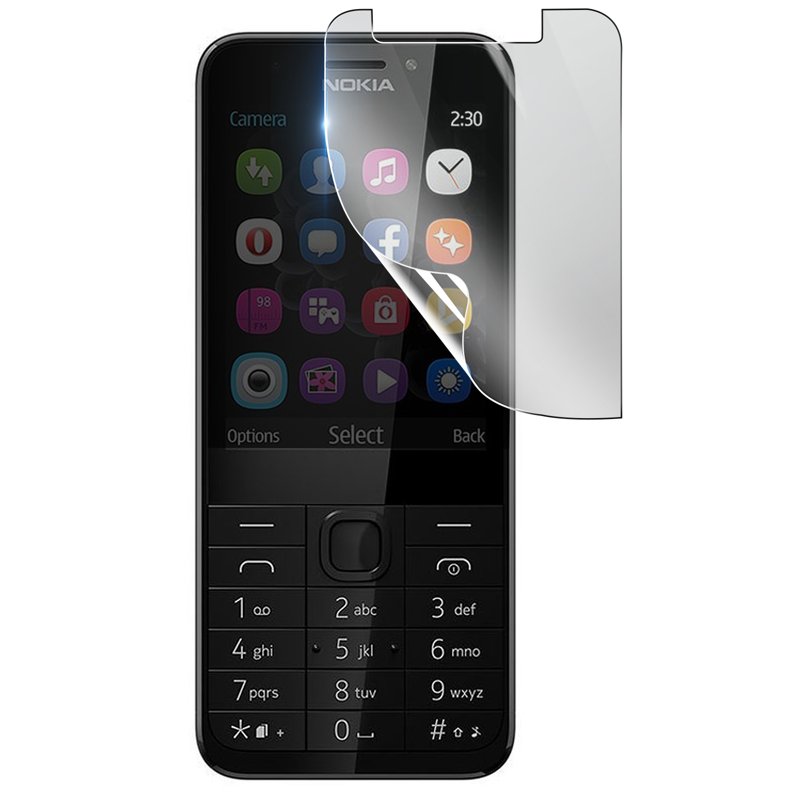 Un telefono Nokia con una protezione per lo schermo applicata. Lo schermo mostra icone. La tastiera è visibile. Il logo Nokia è in alto.