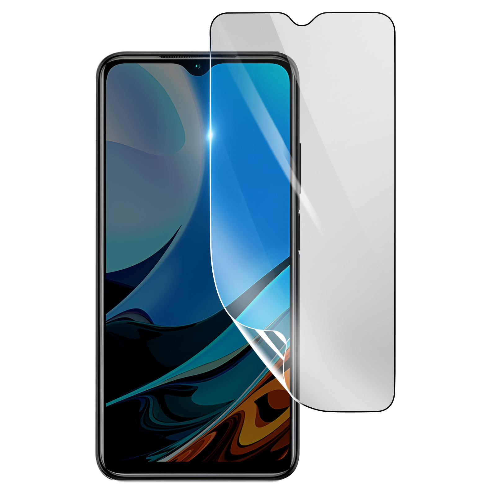 Uno smartphone con protezione schermo. Lo schermo mostra un'immagine blu e nera. Viene applicata una protezione schermo trasparente.