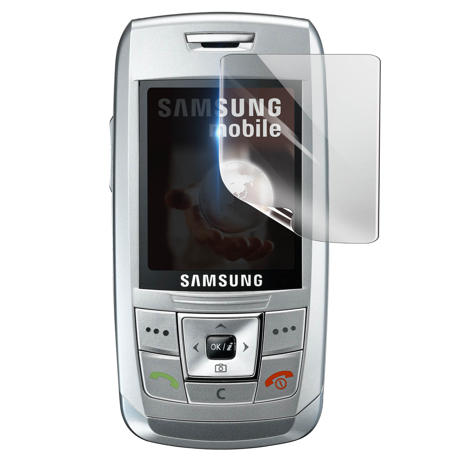 Telefono cellulare Samsung argento con protezione schermo. Schermo mostra una mano che tiene un mappamondo. Tasti e logo visibili.
