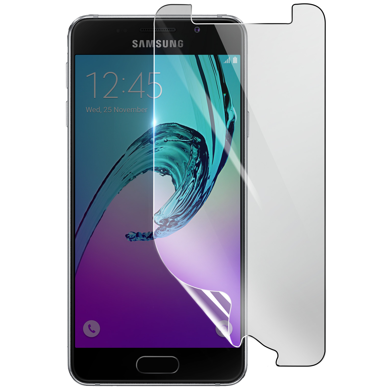 Un smartphone con protector de pantalla. La pantalla muestra una imagen de onda con la hora 12:45. El protector está parcialmente despegado.
