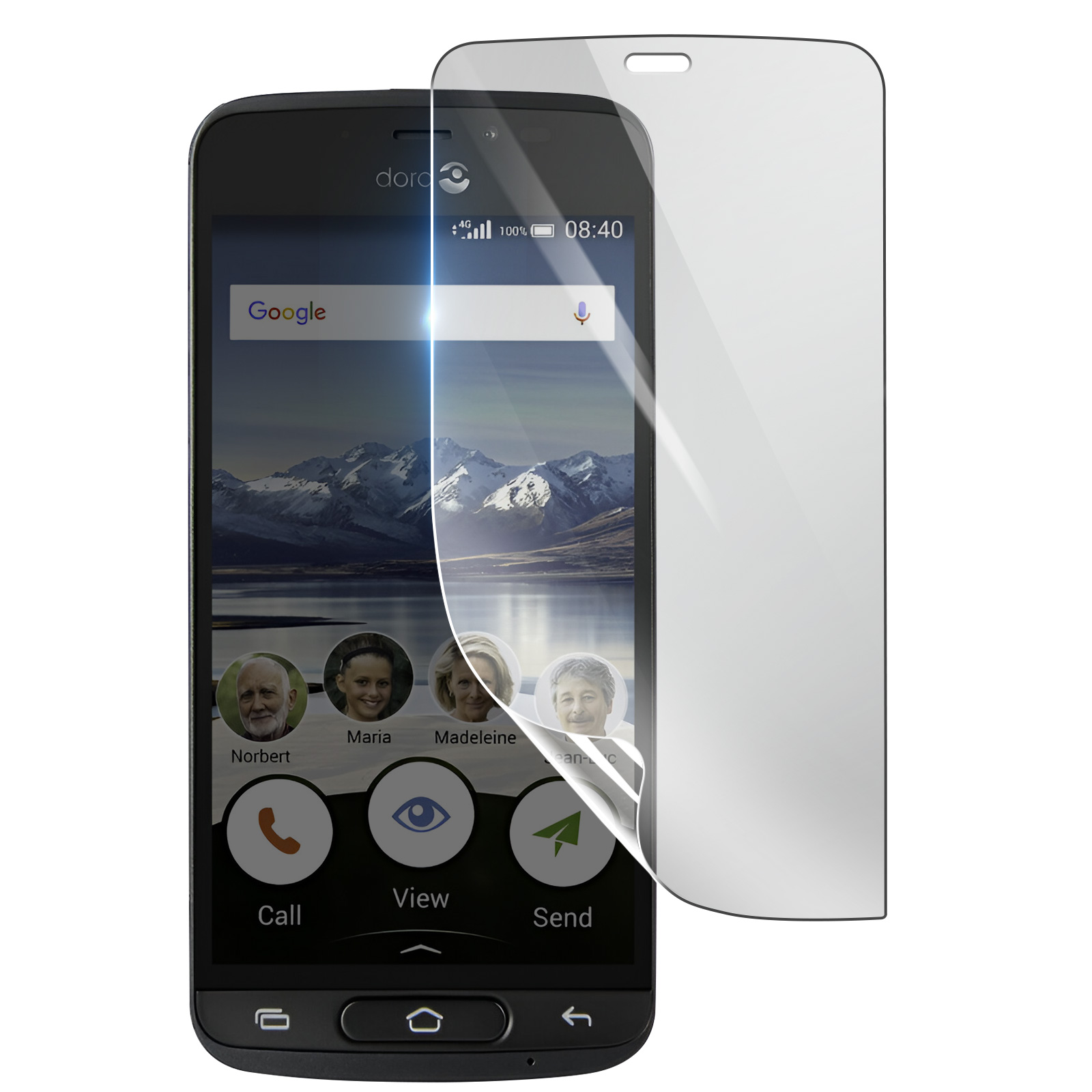 Uno smartphone con protezione schermo. Lo schermo mostra una barra di ricerca Google, contatti e icone per chiamare, visualizzare e inviare.