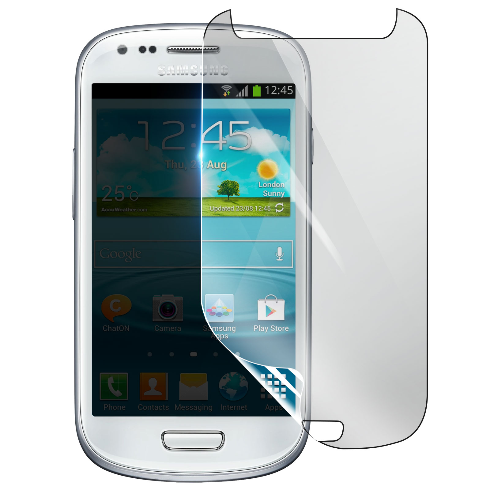 Un telefono Samsung con una protezione per lo schermo applicata. Lo schermo mostra l'ora, il meteo e le icone delle app. La protezione è parzialmente staccata.