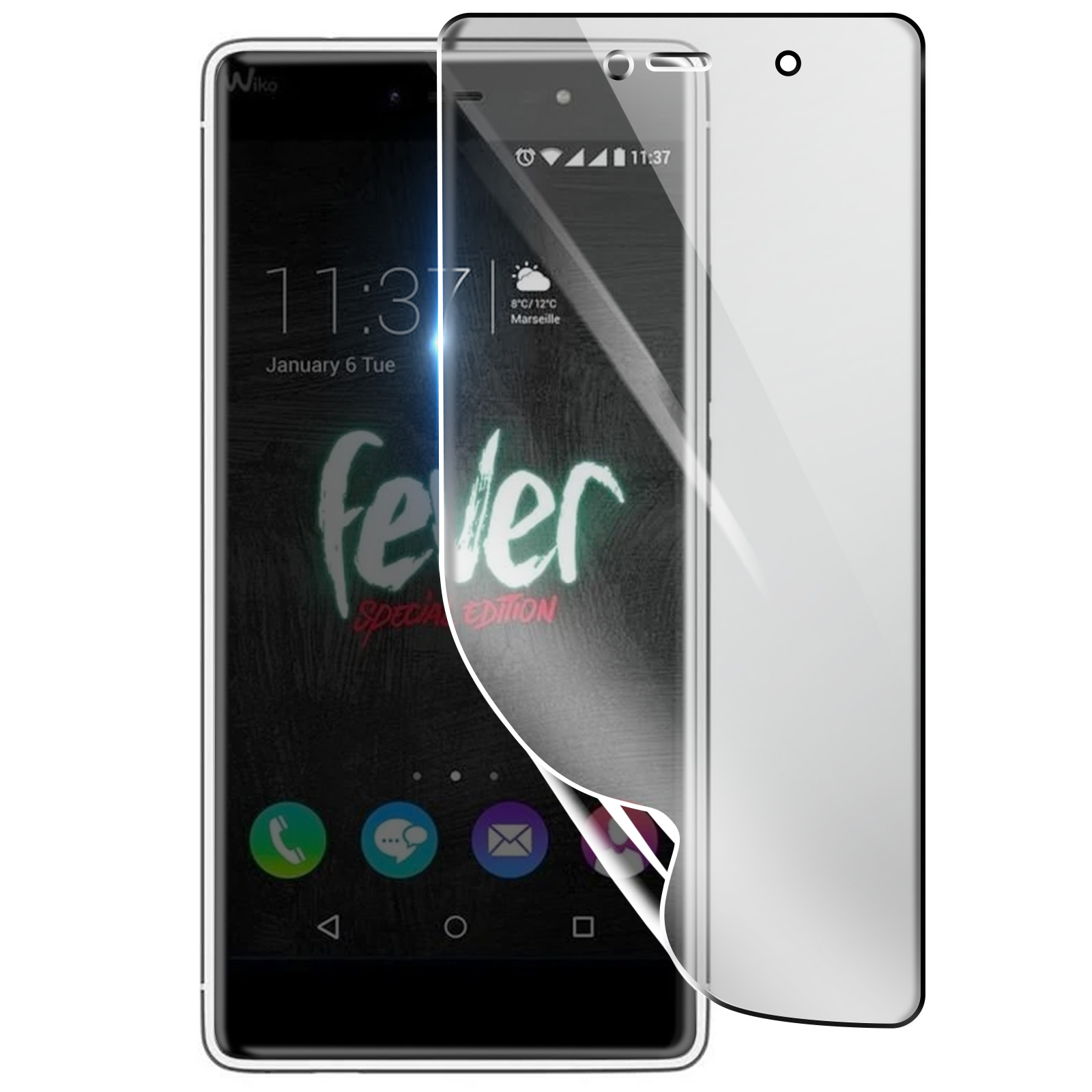 Una pantalla de teléfono inteligente muestra la hora, la fecha, el clima y la palabra 'fever'. Un protector de pantalla se está despegando.