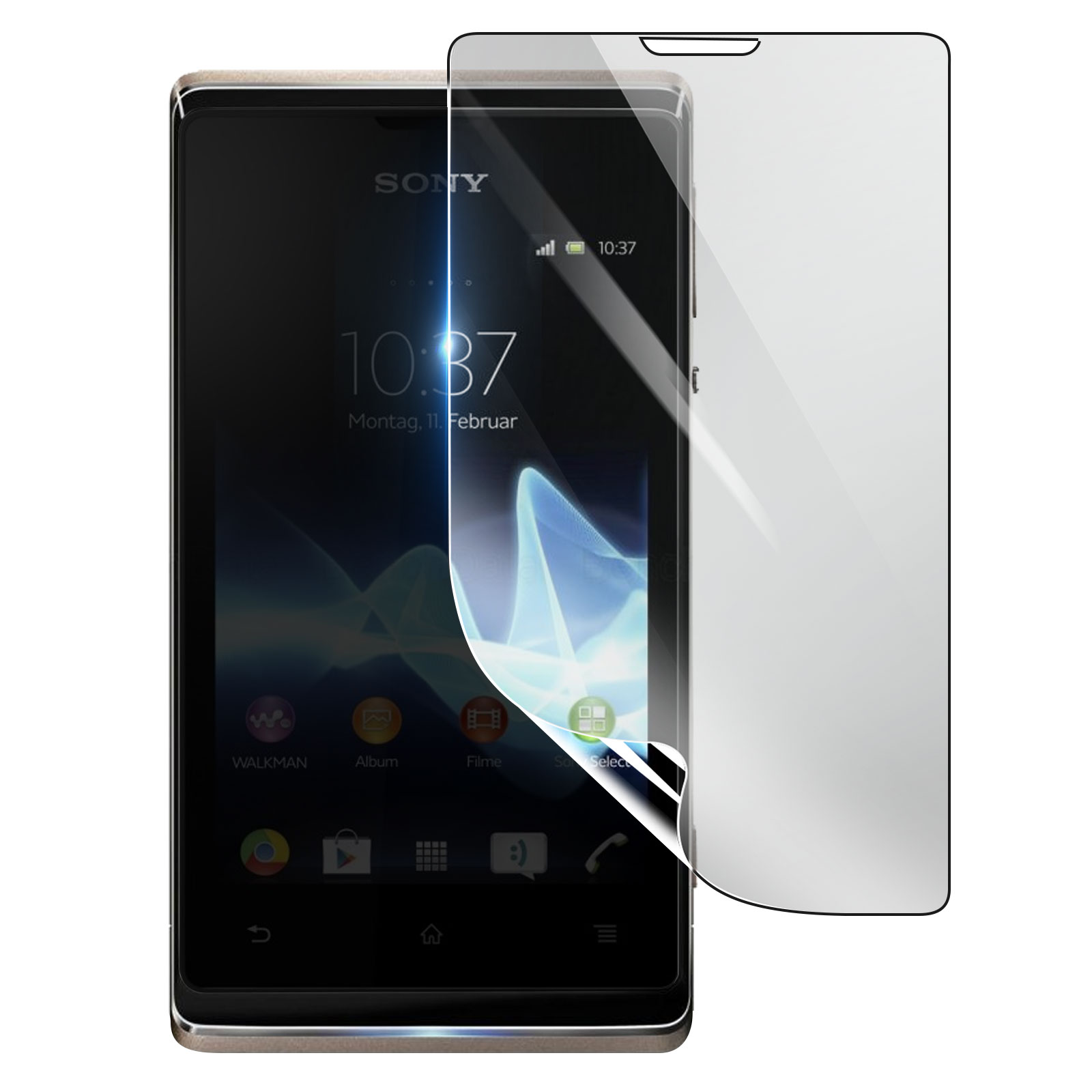 Uno smartphone con protezione schermo. Il telefono mostra l'ora. La protezione è parzialmente staccata.