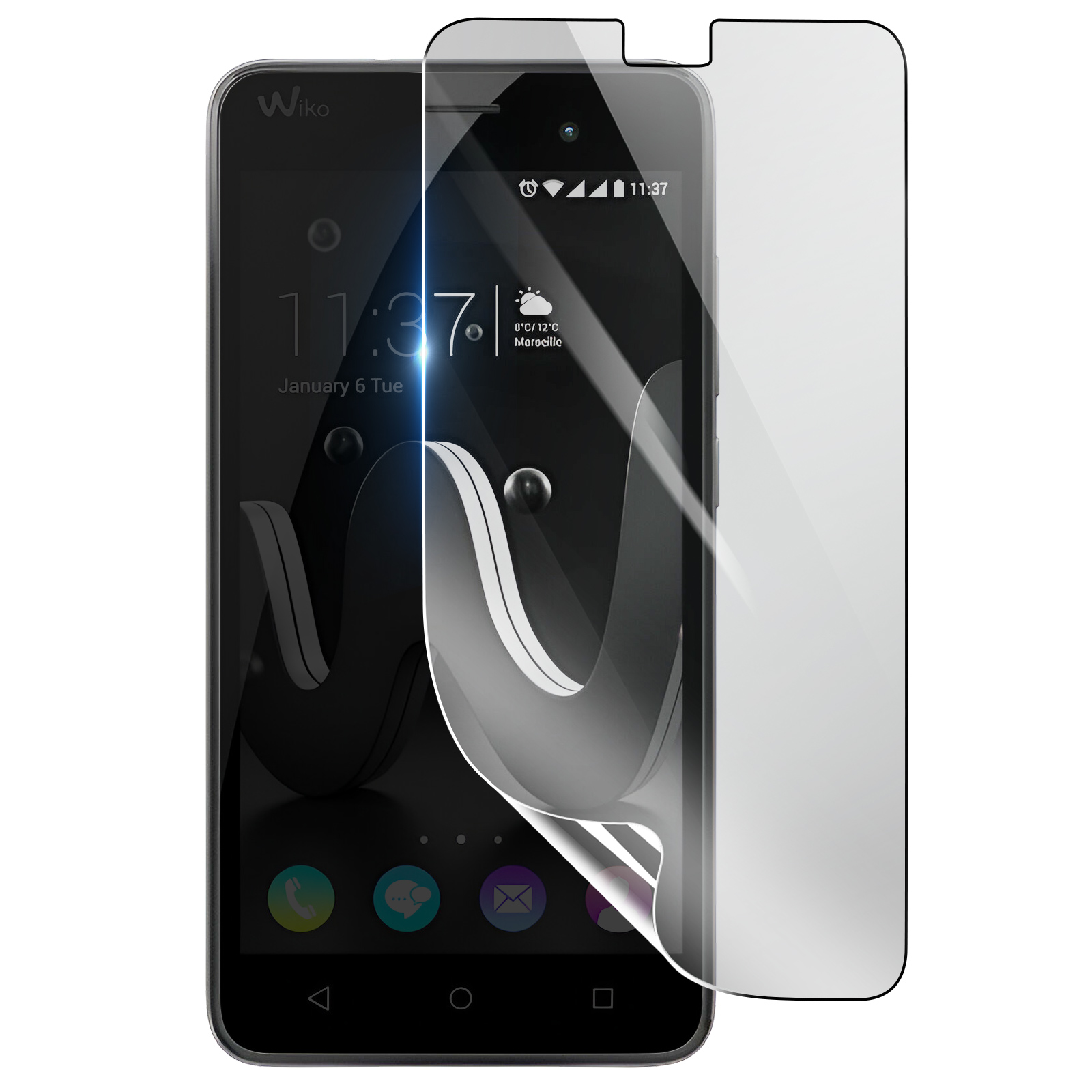 Smartphone nero con protezione schermo parzialmente staccata. Lo schermo mostra ora, data e icone delle app. Il telefono è etichettato 'Wiko'.