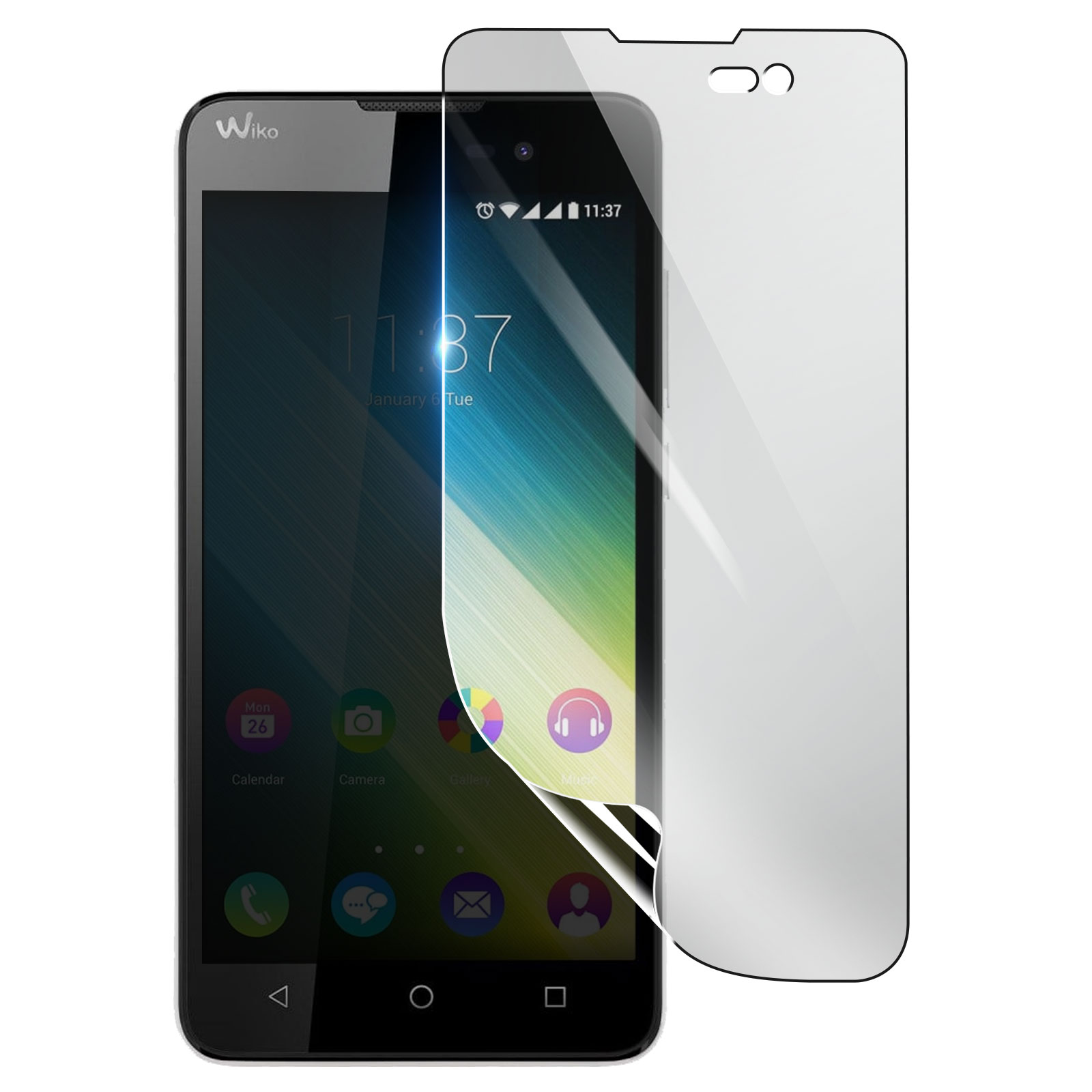 Uno smartphone Wiko con protezione schermo. Lo schermo mostra ora, data e icone delle app. La protezione è parzialmente staccata.