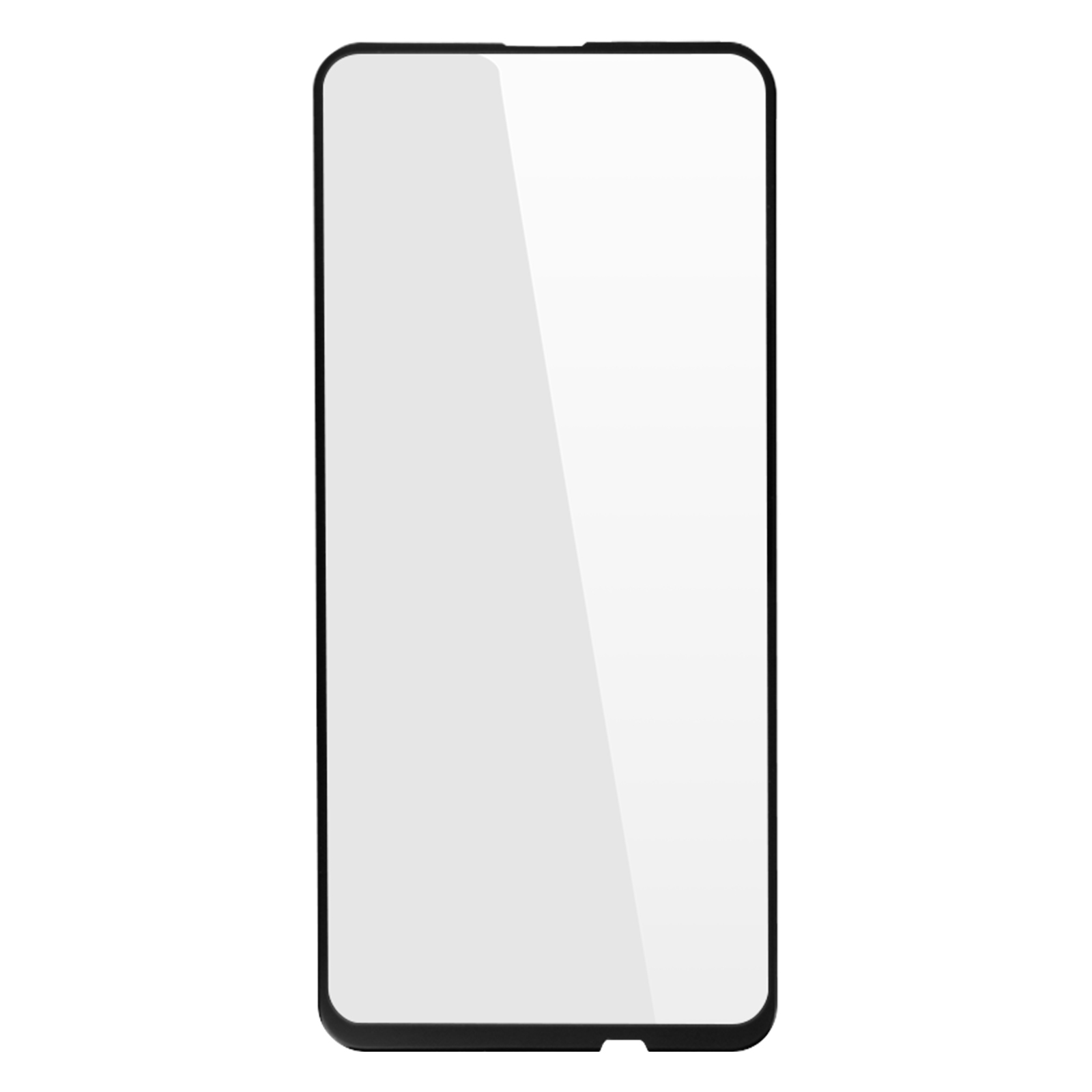 Un proteggi schermo rettangolare per smartphone con angoli arrotondati e bordo nero, su sfondo bianco.