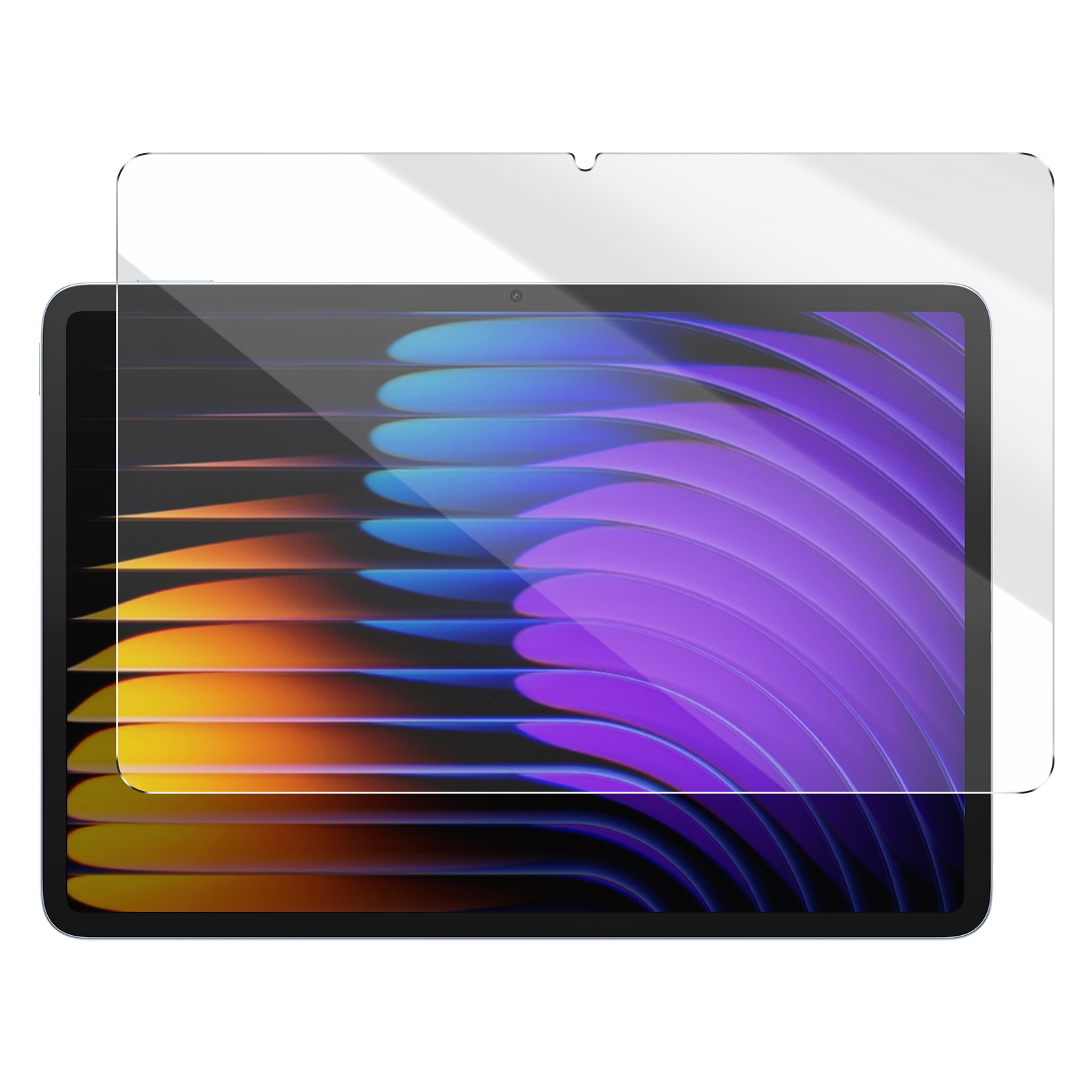 Un tablet con protezione schermo. Lo schermo mostra colori viola e arancioni. La protezione è trasparente.