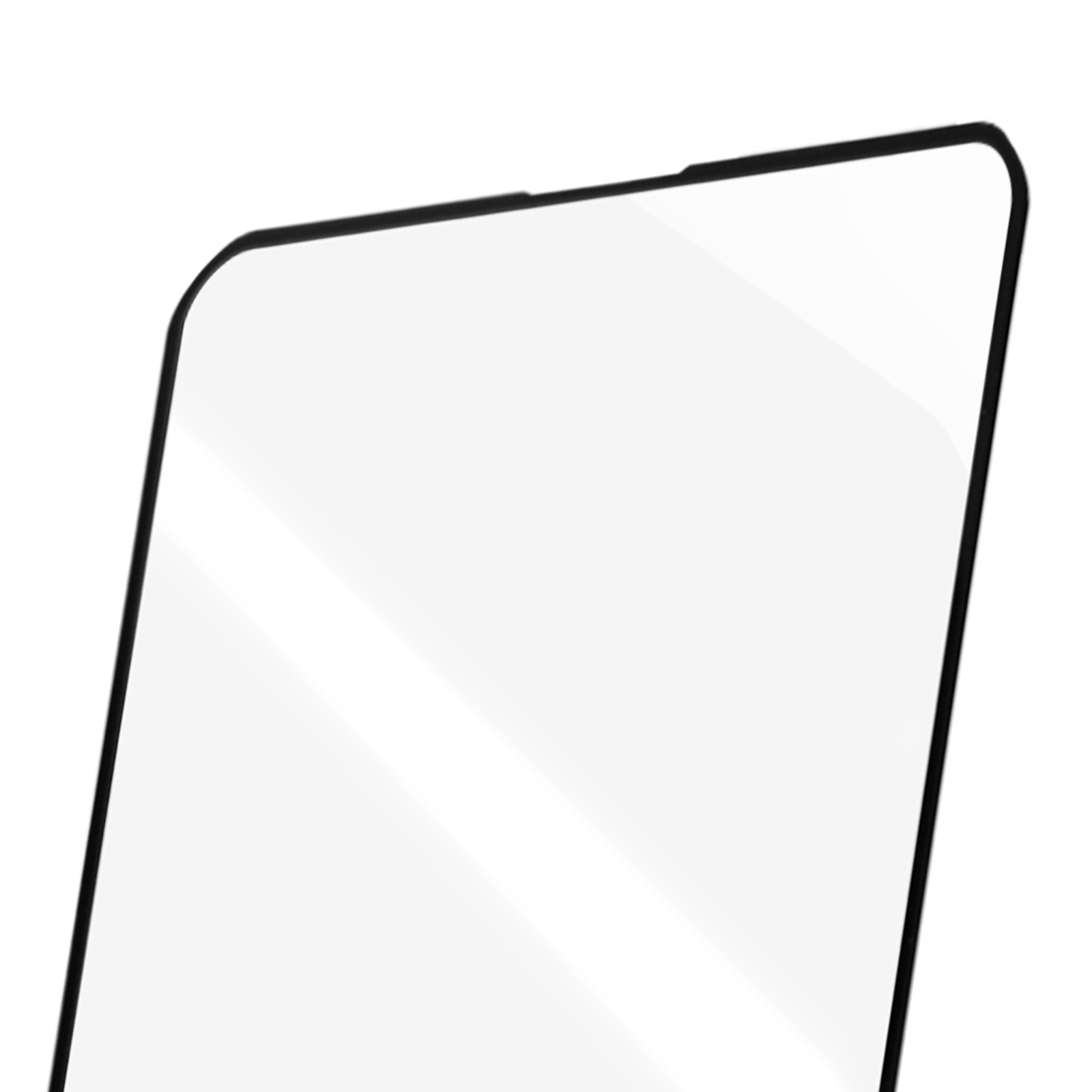 Un angolo di una protezione per schermo di smartphone. Lo schermo è bianco e i bordi sono neri.