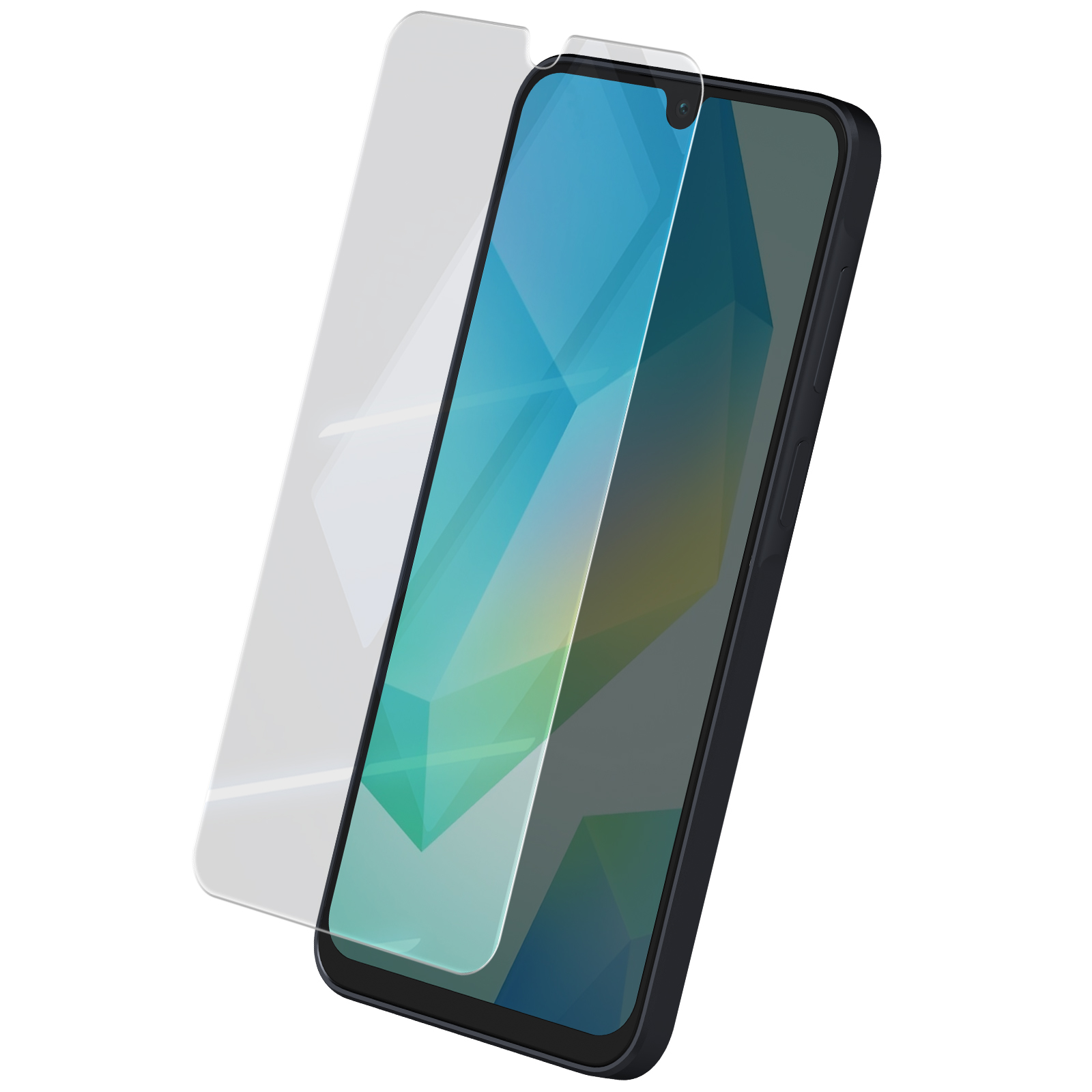 Uno smartphone nero con una protezione per lo schermo sovrapposta. Lo schermo mostra un design geometrico in tonalità blu, verde e grigio.