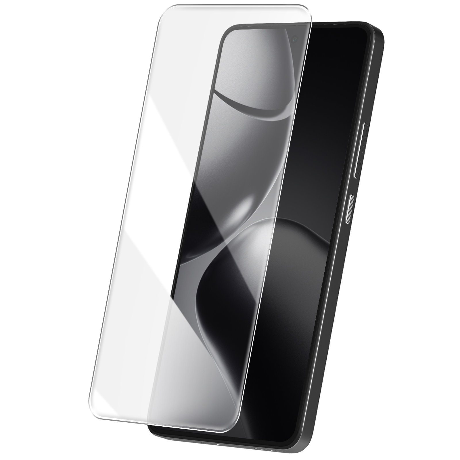Uno smartphone nero con una protezione per lo schermo applicata. La protezione è trasparente. Lo sfondo è bianco.