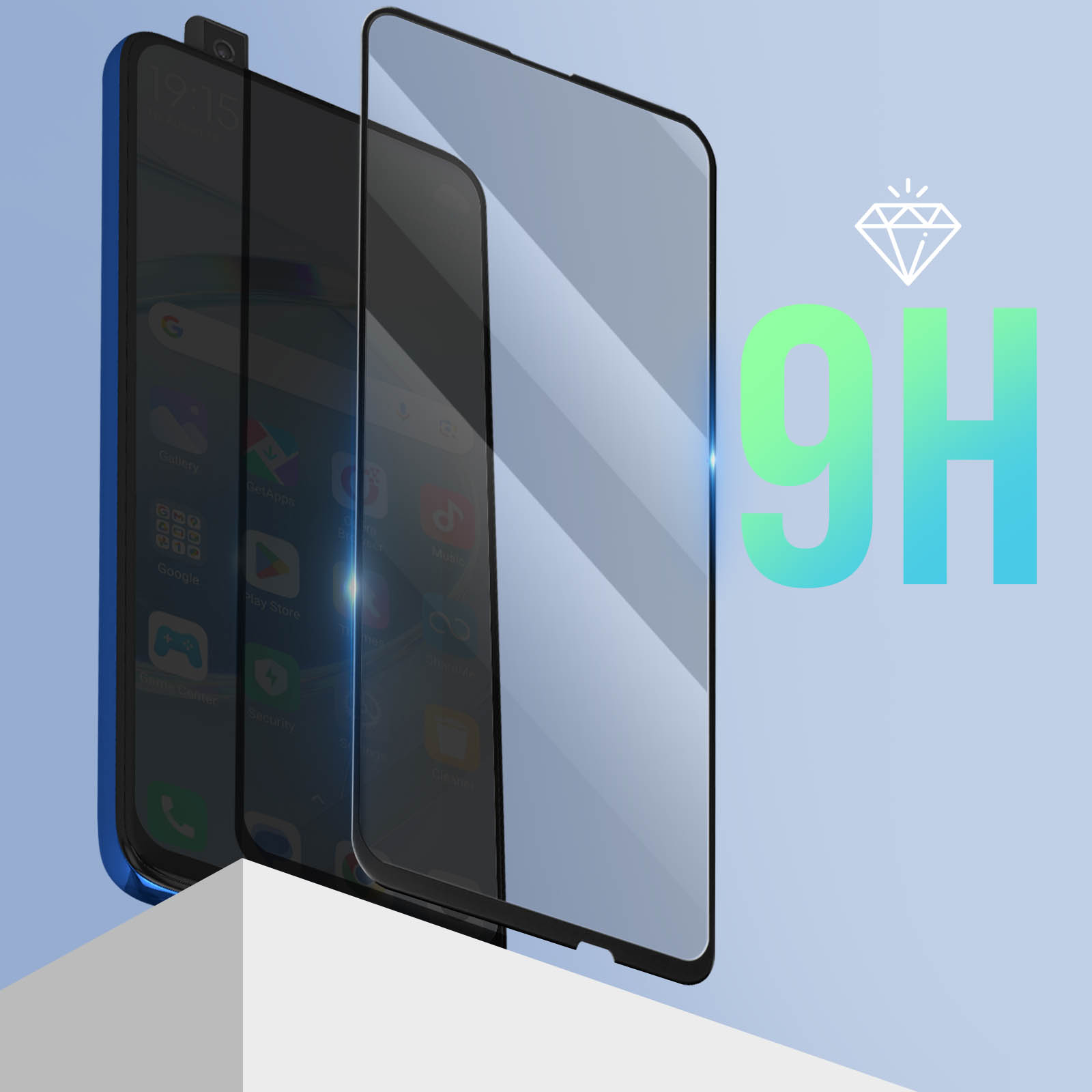 Un telefono con una protezione per lo schermo applicata. La protezione è trasparente, con etichetta 9H. Il telefono è blu.