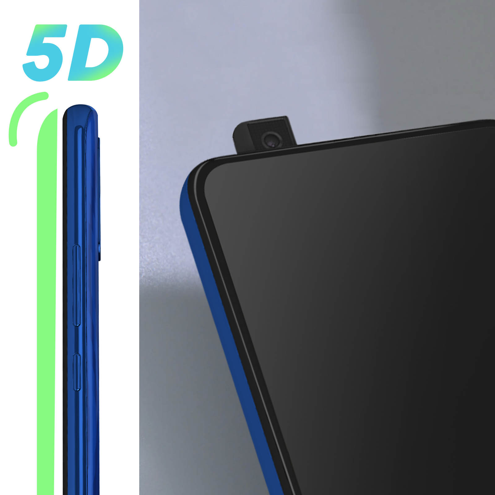 Viene mostrato uno smartphone blu con fotocamera a comparsa. Il numero 5D è in alto a sinistra e una linea verde corre lungo il lato.