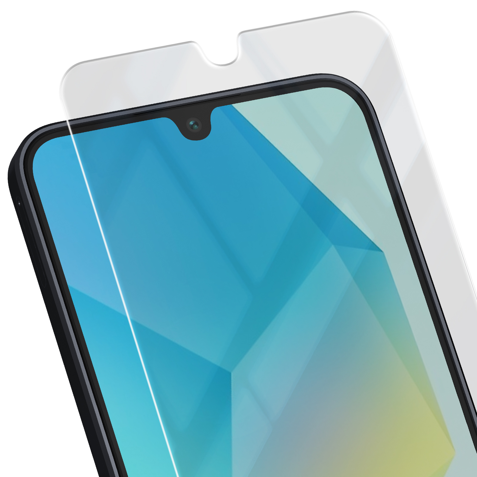 Uno smartphone con una protezione per lo schermo applicata, che mostra la fotocamera anteriore. Lo schermo mostra forme astratte blu e gialle.